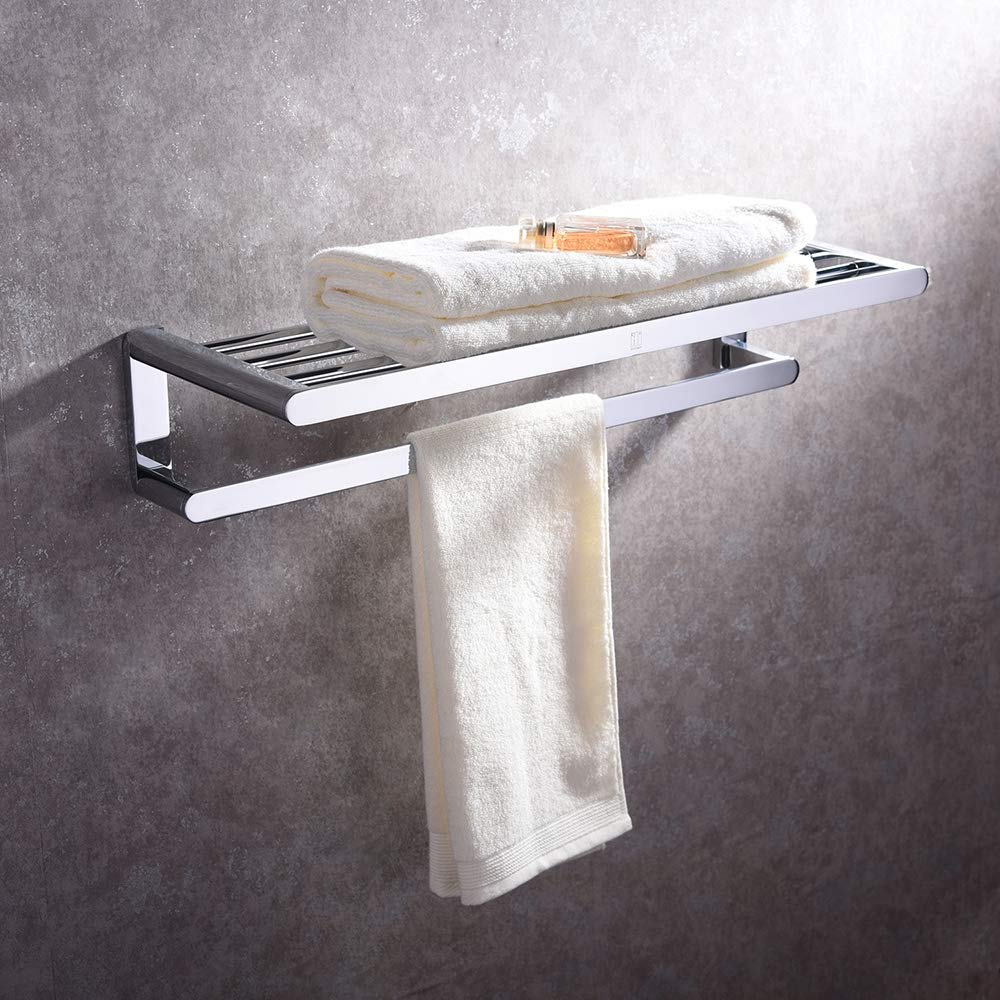 2-Tier Wall Mounted Double Towel Rack with Shelf - Multifunctional Shower Towel Holder in Brass/Chrome for Bathroom & Hotel Use - Perfect for Hanging Towels, Robes & Organizing Toiletries