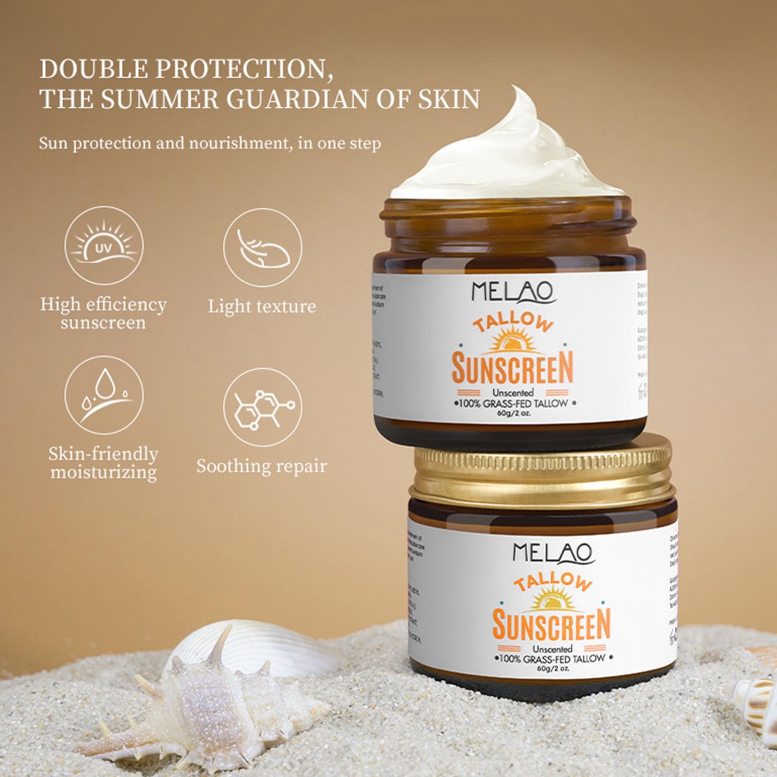 SPF 50 Beef Tallow Sunscreen & Moisturizer - Broad Spectrum Non-Greasy Facial Sunscreen with No White Cast | Natural Skin Care for Daily Sun Protection & Outdoor Activities
