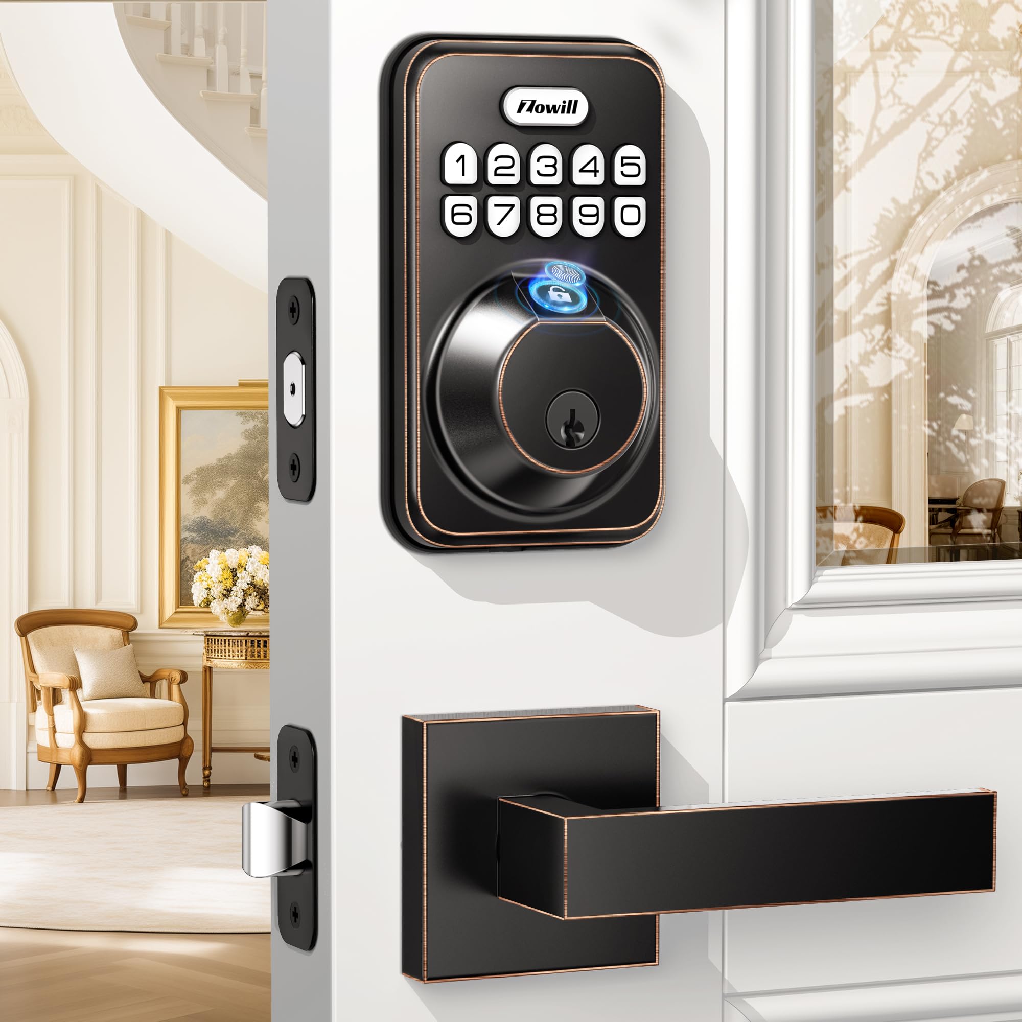 Zowill DK02A-L Smart Fingerprint Front Door Lock Set with 2 Handles - Auto Lock & One-Touch Lock, Easy Installation, Electronic Keypad Deadbolt, Keyless Entry Door Lock for Home Security | Perfect for Apartments, Houses & Vacation Homes