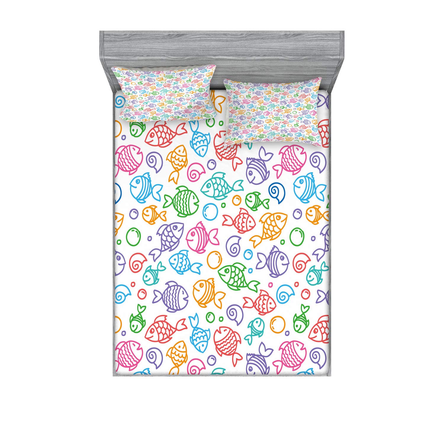 Ambesonne 3-Piece Fish Themed Bedding Set - Queen Size Colorful Doodle Style Underwater Aquarium Print with Happy Fish & Bubbles - Fitted Sheet & Pillow Shams - Perfect for Kids' Rooms, Beach Houses & Ocean-Themed Decor