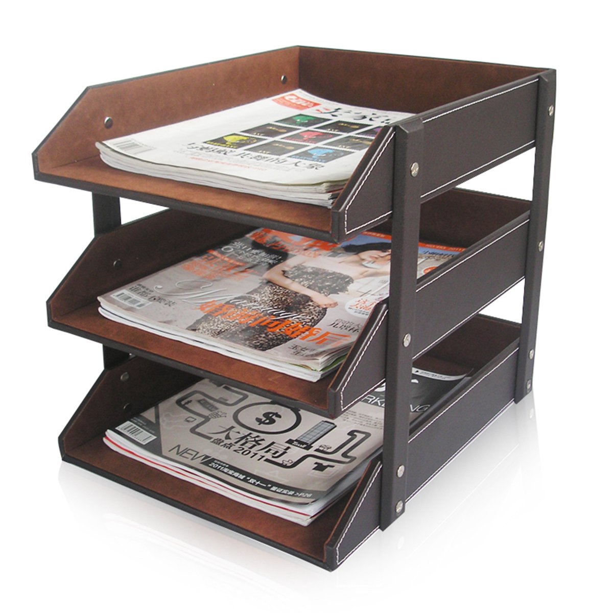KINGFOM 8-Piece PU Leather Desk Organizer Set - Magazine File Holder, Stackable Paper Tray with Drawer for Home, Office & School (Brown) - Perfect for Organizing Documents, Stationery & Office Supplies