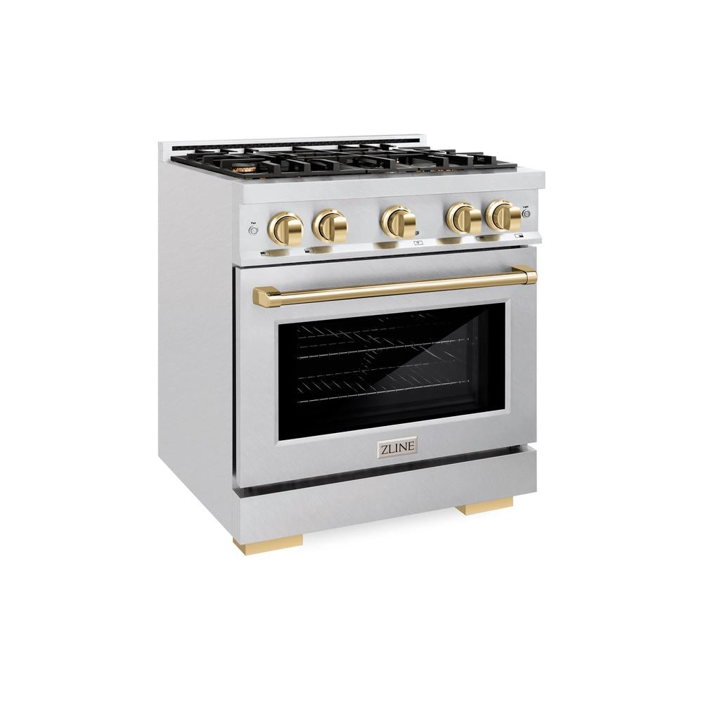 ZLINE Autograph Edition 30 Inch 4.2 cu ft Gas Range - 4 Burner Cooktop & Convection Oven in Satin Stainless Steel with Gold Accents (HGRSZ 30 G) - Perfect for Modern Kitchens & Professional Cooking