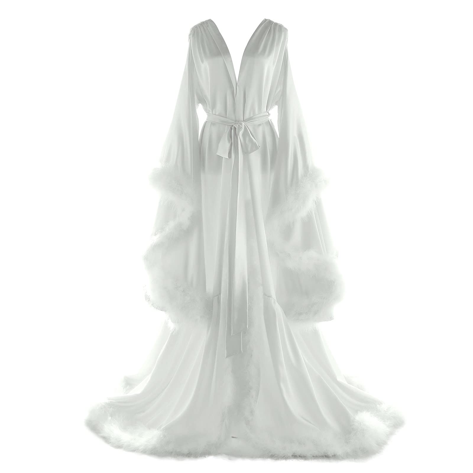 Elegant Women's Feather Bridal Robe - Old Hollywood Style Maternity Photoshoot Cover Up, Silk Nightgown & Long Lingerie Bathrobe for Wedding, Boudoir & Special Occasions