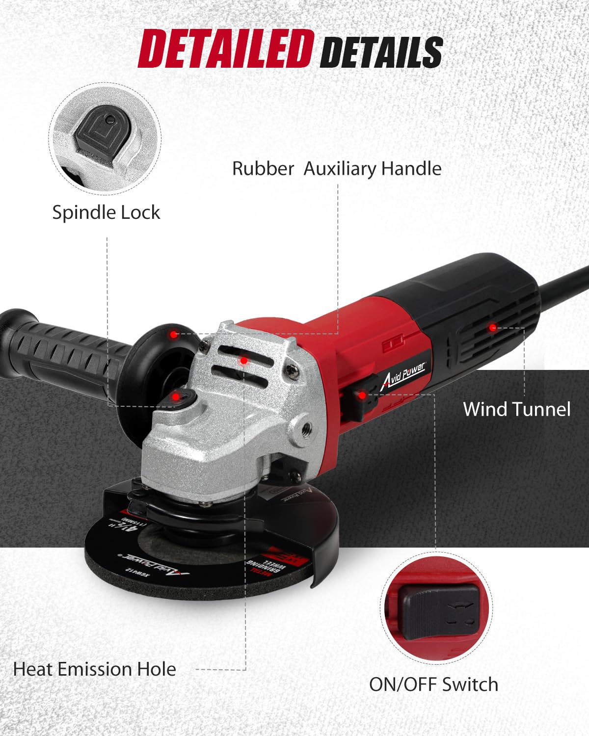 **AVID POWER 7.5-Amp 4-1/2 Inch Angle Grinder with 3 Grinding Wheels, Cutting Wheel & Flap Disc – Electric Power Tool for Metal Cutting, Grinding, Polishing & Rust Removal – Dark Red – Perfect for DIY Projects, Metalworking & Home Renovation**