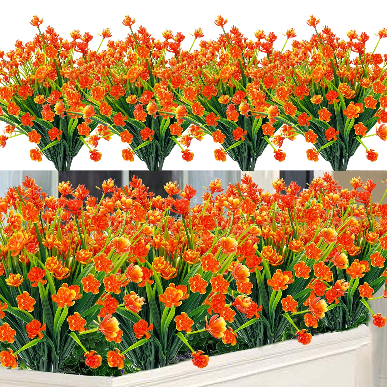 20 Bundles UV Resistant Artificial Flowers for Outdoor Decor - Fake Plants for Spring, Summer, Fall - Durable Faux Greenery Shrubs for Home, Porch, Cemetery & Garden Decor (Orange) - Perfect for Seasonal Displays, Wedding Centerpieces & DIY Crafts