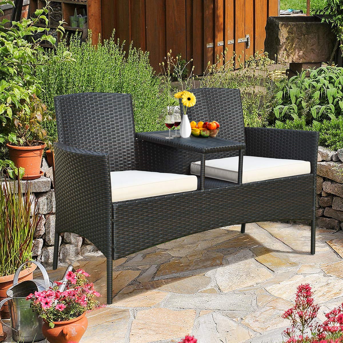 **HAPPYGRILL Outdoor Loveseat with Removable Cushions & Coffee Table - Rattan Patio Wicker Conversation Set for Garden, Lawn, Backyard - Perfect for Relaxing, Entertaining, and Outdoor Gatherings**