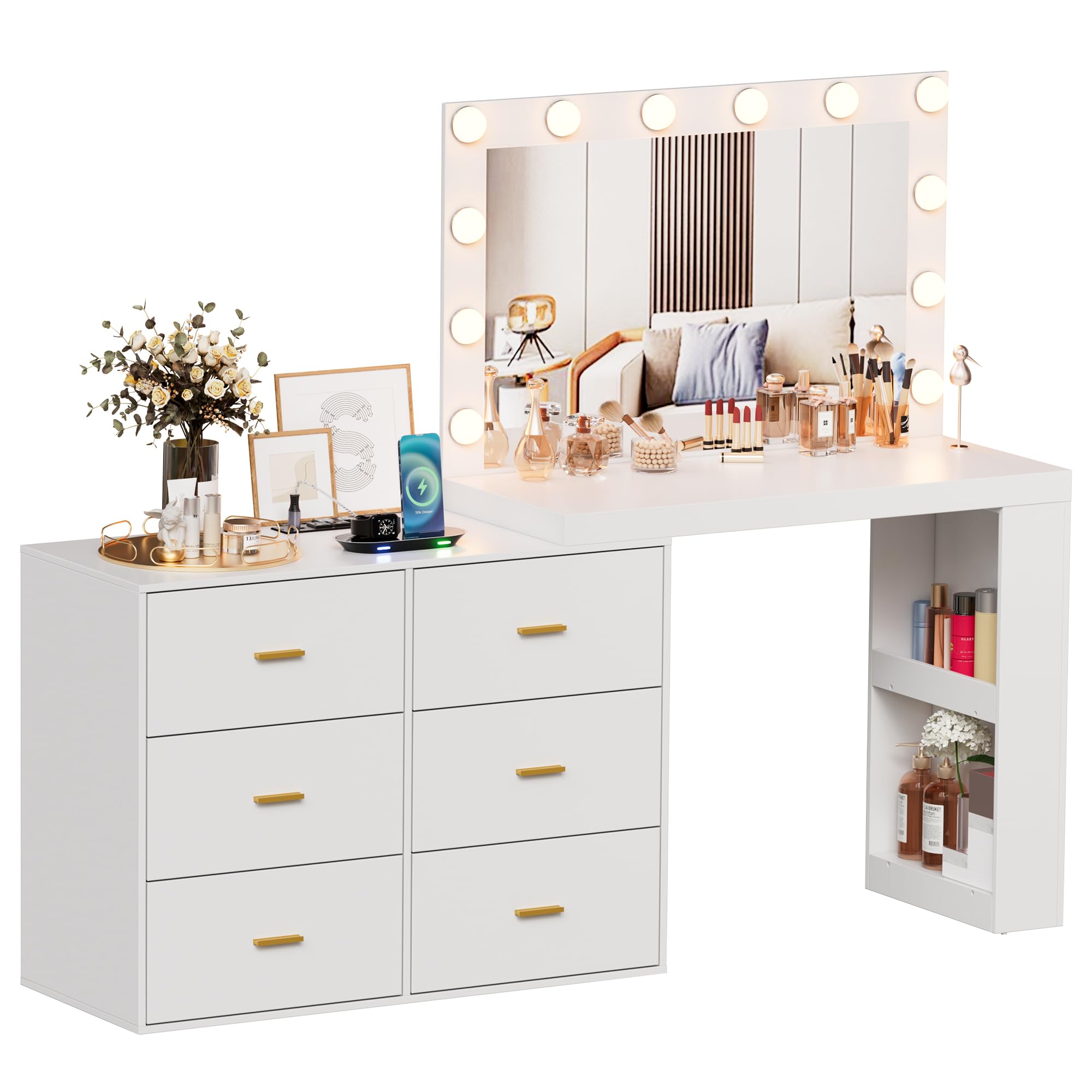 PakaLife Vanity Desk with Mirror, Lights & Charging - 6 Drawers for Bedroom Makeup