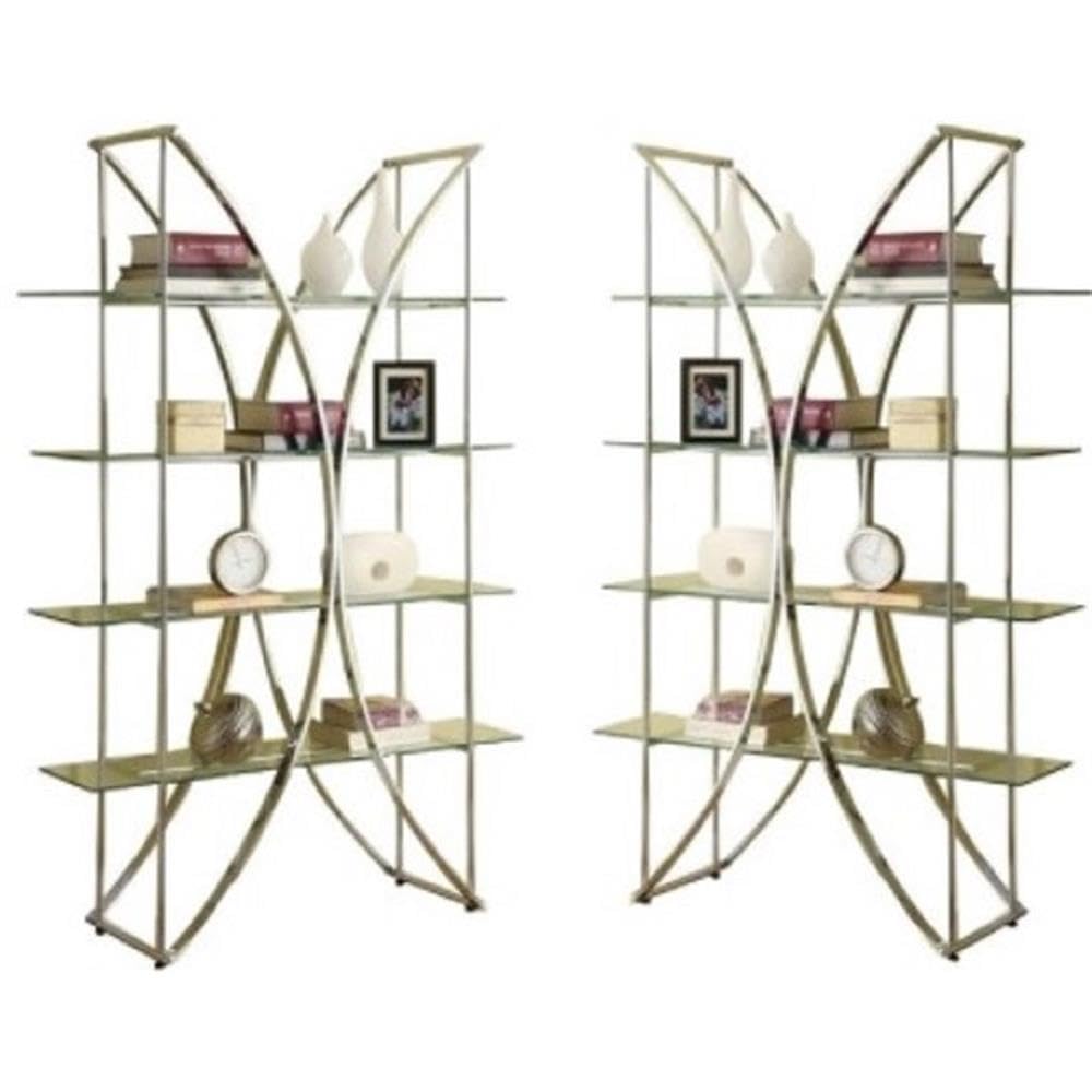 Home Square 2-Piece Floating Glass X Motif Bookcase Set with 4 Shelves in Chrome - Modern Bookshelf for Living Room, Office & Bedroom Storage