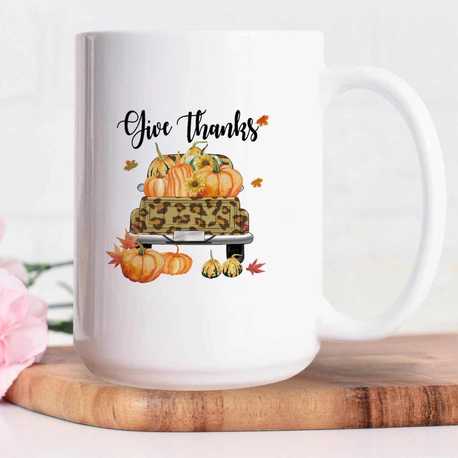 15oz White Ceramic Coffee Mug - Autumn Fall Truck with Pumpkins Design, Thanksgiving Themed Cup for Coffee, Tea, Milk & Juice - Funny Gift for Sister, Brother, Grandparents - Perfect for Holiday Gatherings, Office Use & Cozy Home Mornings