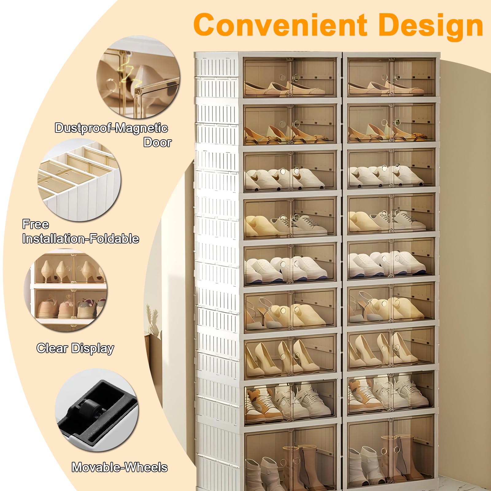 Portable Shoe Rack Organizer - Stackable Sneaker Storage Cabinet with Magnetic Clear Door | Large Plastic Shoe Storage Containers with Lids (9-Tier x 2, Holds 36 Pairs) | Perfect for Closet, Bedroom & Entryway Organization