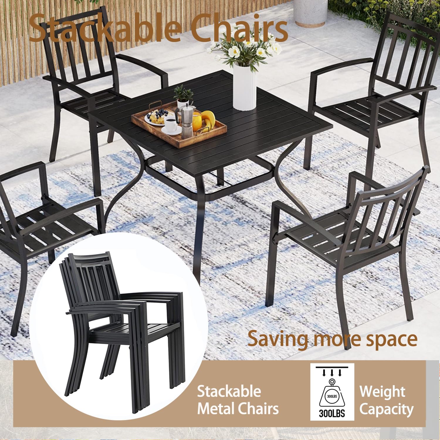 MFSTUDIO 9-Piece Outdoor Patio Dining Set - 8 Stackable Metal Armchairs & 1 Square Table - Durable Garden Furniture for Backyard, Lawn, Poolside & BBQ Parties