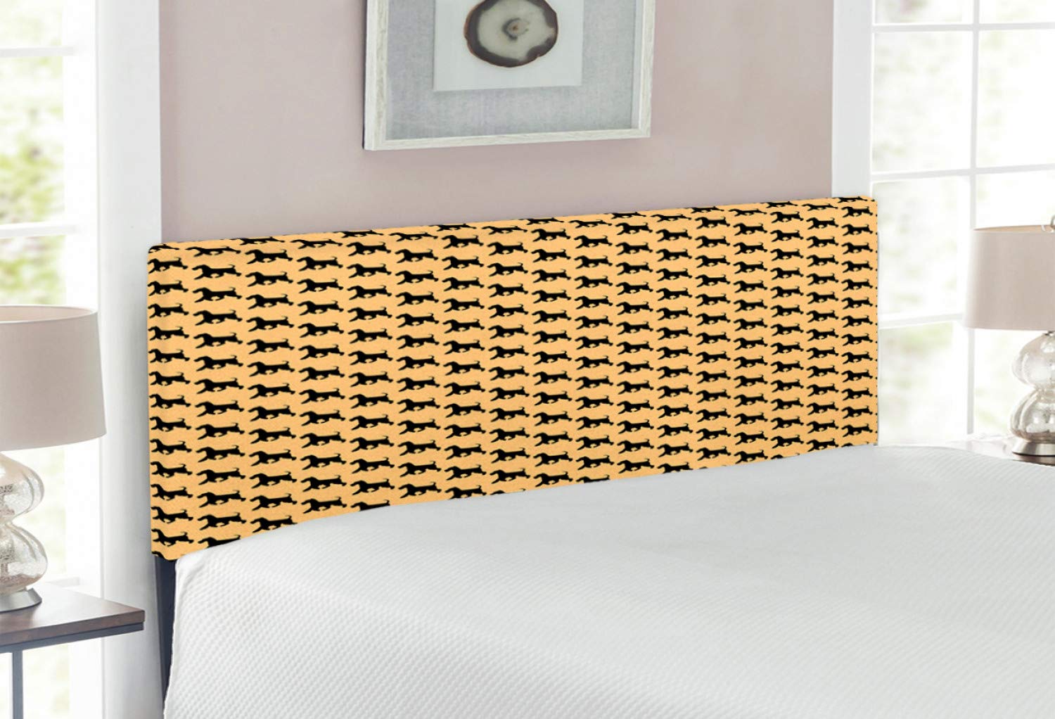 Ambesonne Scottie Dog Headboard - Full Size Upholstered Metal Bed Frame with Memory Foam, Pale Yellow & Black Animal Silhouette Design - Perfect for Pet Lovers' Bedroom Decor & Kids Room Theme