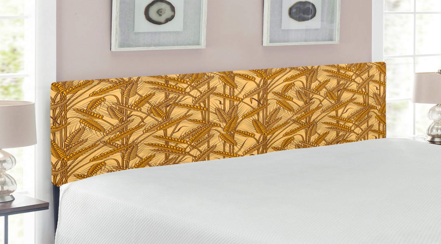 Ambesonne Harvest Headboard - King Size Upholstered Metal Bed Frame with Memory Foam, Mustard Yellow Farmhouse Decor | Country Life Wheat & Rye Field Pattern | Perfect for Farmhouse, Cottage & Rustic Bedroom Decor
