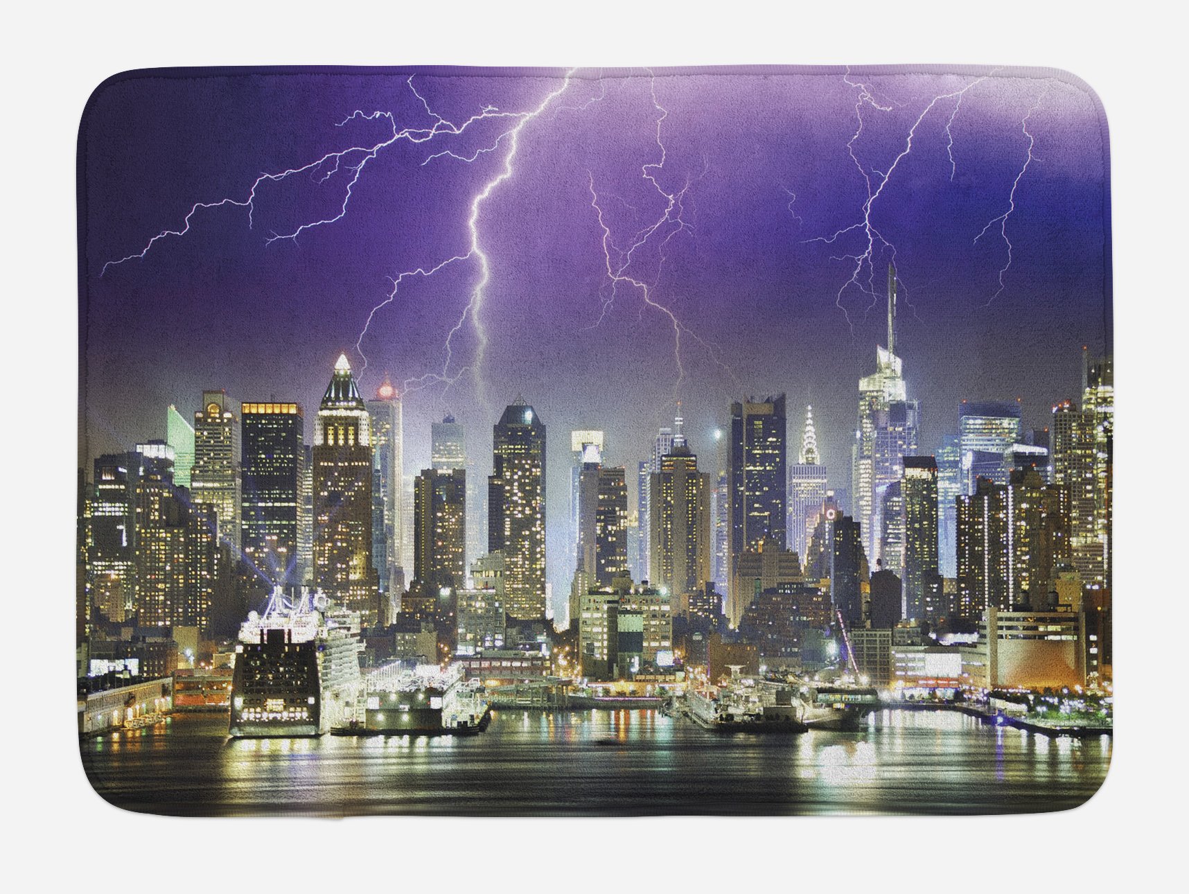 Ambesonne Non-Slip Plush Bath Mat - Apocalyptic New York City Storm & Thunder Night Scene, 30.2 x 20 Inches, Charcoal Grey Indigo - Soft Bathroom Rug for Modern Home Decor, Perfect for Bathrooms & Spa Areas