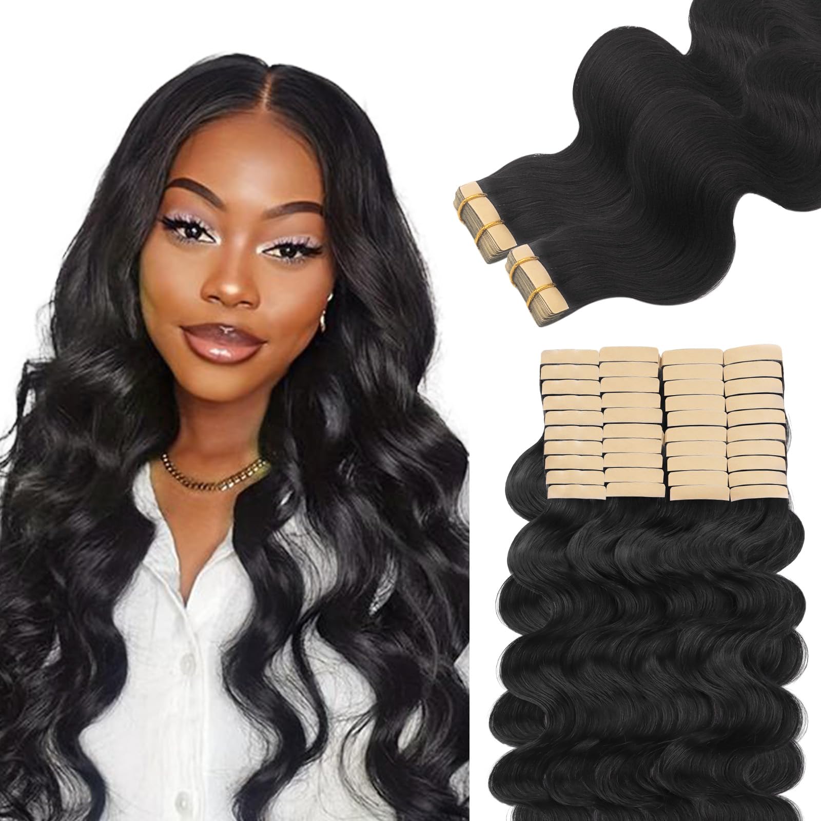 Lashey 40pcs 100g Natural Black Body Wave Human Hair Tape-in Extensions - 24 Inch Long Real Human Hair with Skin Weft for Women | Perfect for Volume Boost, Styling & Special Occasions