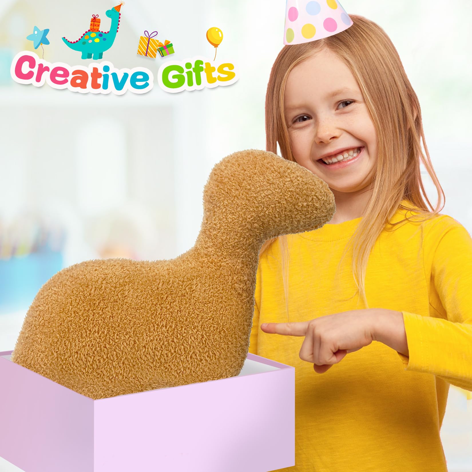 Dino Nuggets Plush Pillow - Brontosaurus Large Dinosaur Chicken Nugget Stuffed Toy for Kids, Teens & Adults | Funny Birthday Gift Idea for Dino Lovers | Perfect for Bedroom Decor, Couch Cuddling & Playtime