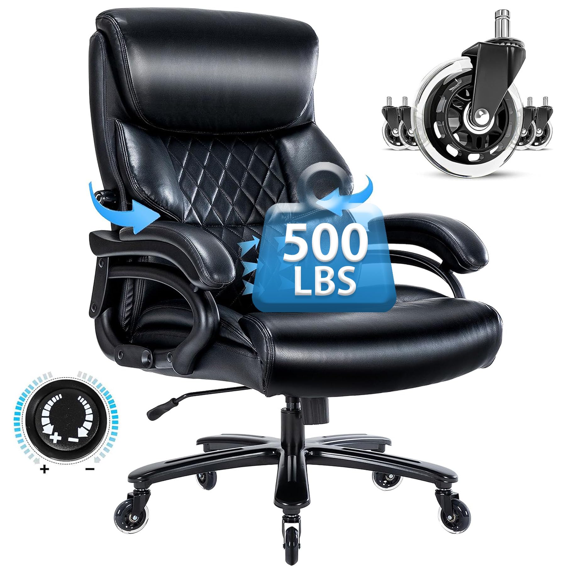 Big and Tall Office Chair for Heavy People - 500 LBS Heavy Duty Executive Rolling Chair with Adjustable Lumbar Support, High Back Faux Leather, Wide Seat Computer Desk Chair (Black) - Perfect for Plus-Size Professionals and Long Work Sessions