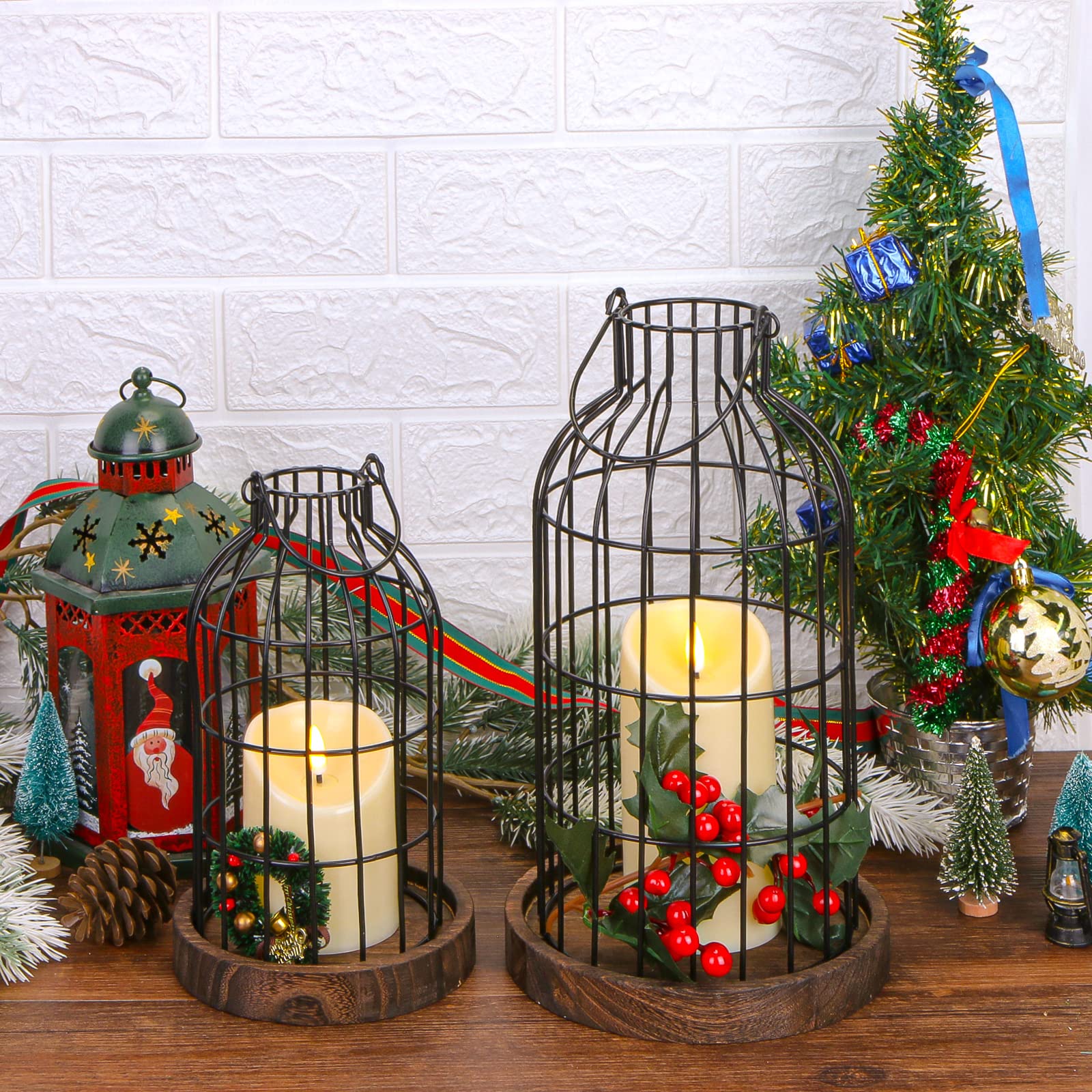 Modern Farmhouse Decor Candle Holder with Electronic Candle - Rustic Metal Lantern & Wire Cloche Set for Home, Living Room, Dining Table, Mantel, Fireplace | Perfect for Cozy Evenings, Romantic Dinners & Holiday Decorations