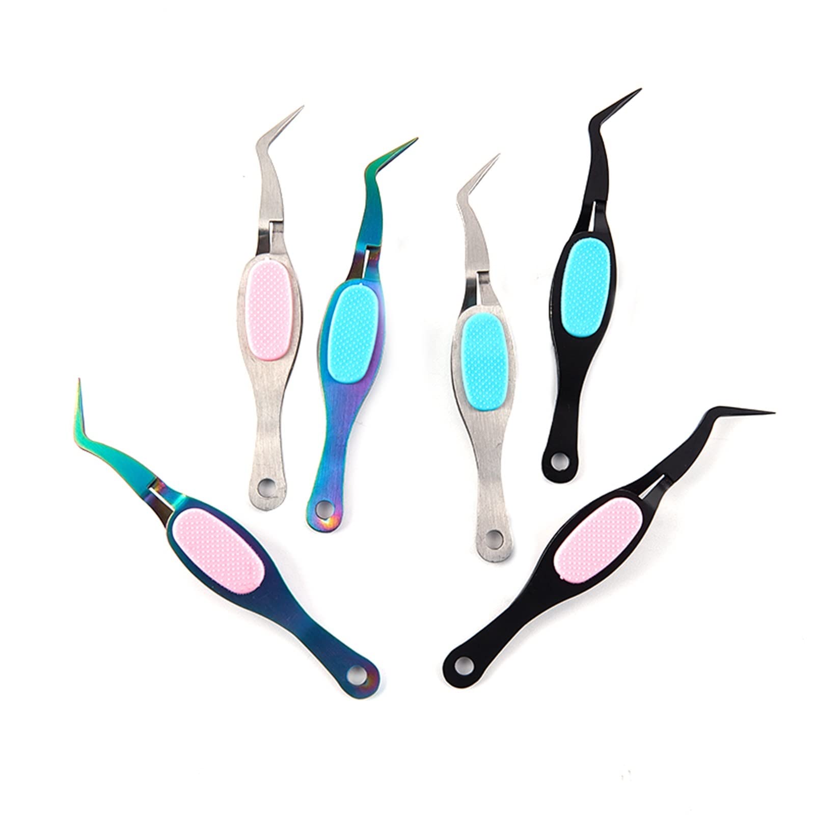 **Premium Stainless Steel Lash Tweezers with Soft Grip - Cross Lock & Reverse Grip for Precision Eyelash & Nail Art - Ideal for Professional Makeup & DIY Beauty (Color: 05, Pack of 6)**