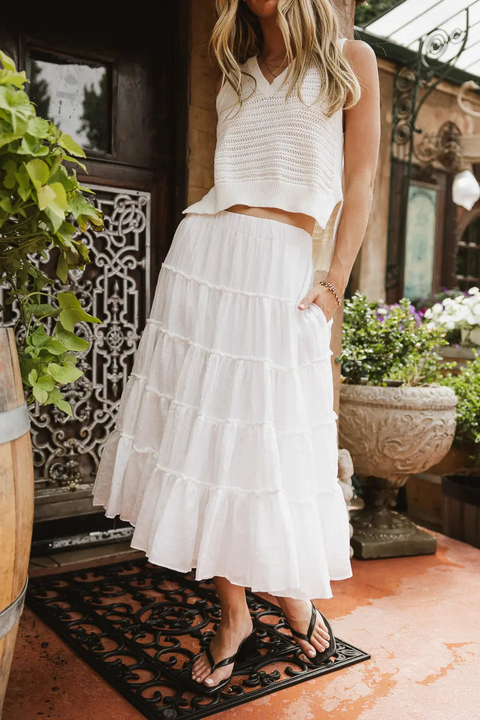 Minerva Tiered Midi Skirt in White | Flowy Summer Skirt for Women | Perfect for Beach Vacations, Date Nights & Casual Outings