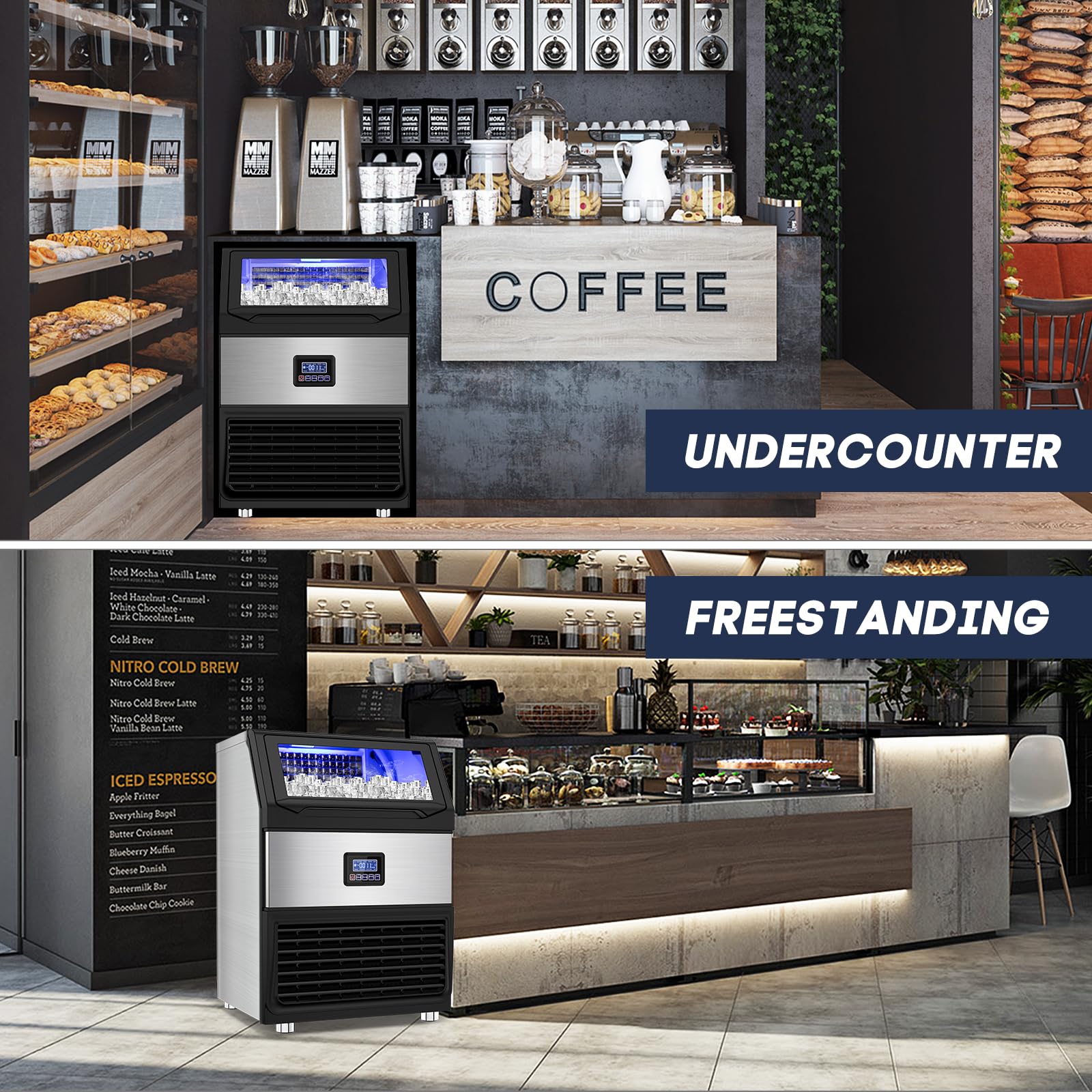 Commercial Ice Maker Machine 300LBS/24H with 75LBS Storage Bin - Stainless Steel Undercounter & Freestanding Ice Maker for Home Bar, Restaurant, Outdoor Use - Produces 108 Ice Cubes per Cycle - Self-Cleaning - Perfect for Parties, Cafes, and Commercial Kitchens