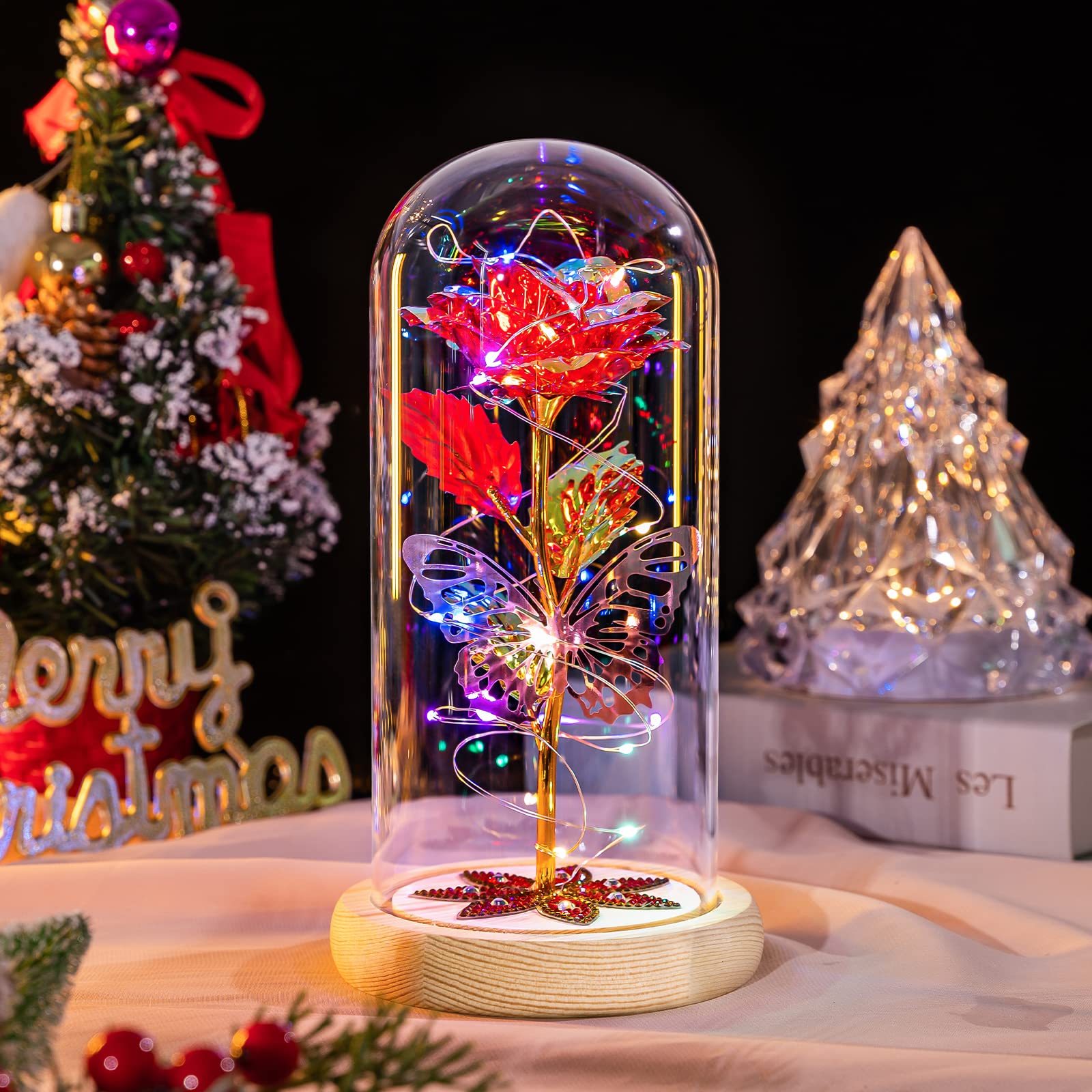 Beferr Preserved Rose in Glass Dome - Eternal Artificial Flower Gift for Women, Mom, Wife, Grandma, Daughter (Red) | Birthday, Mother's Day, Anniversary Present | Home Decor, Wedding Centerpiece, Romantic Gift Idea