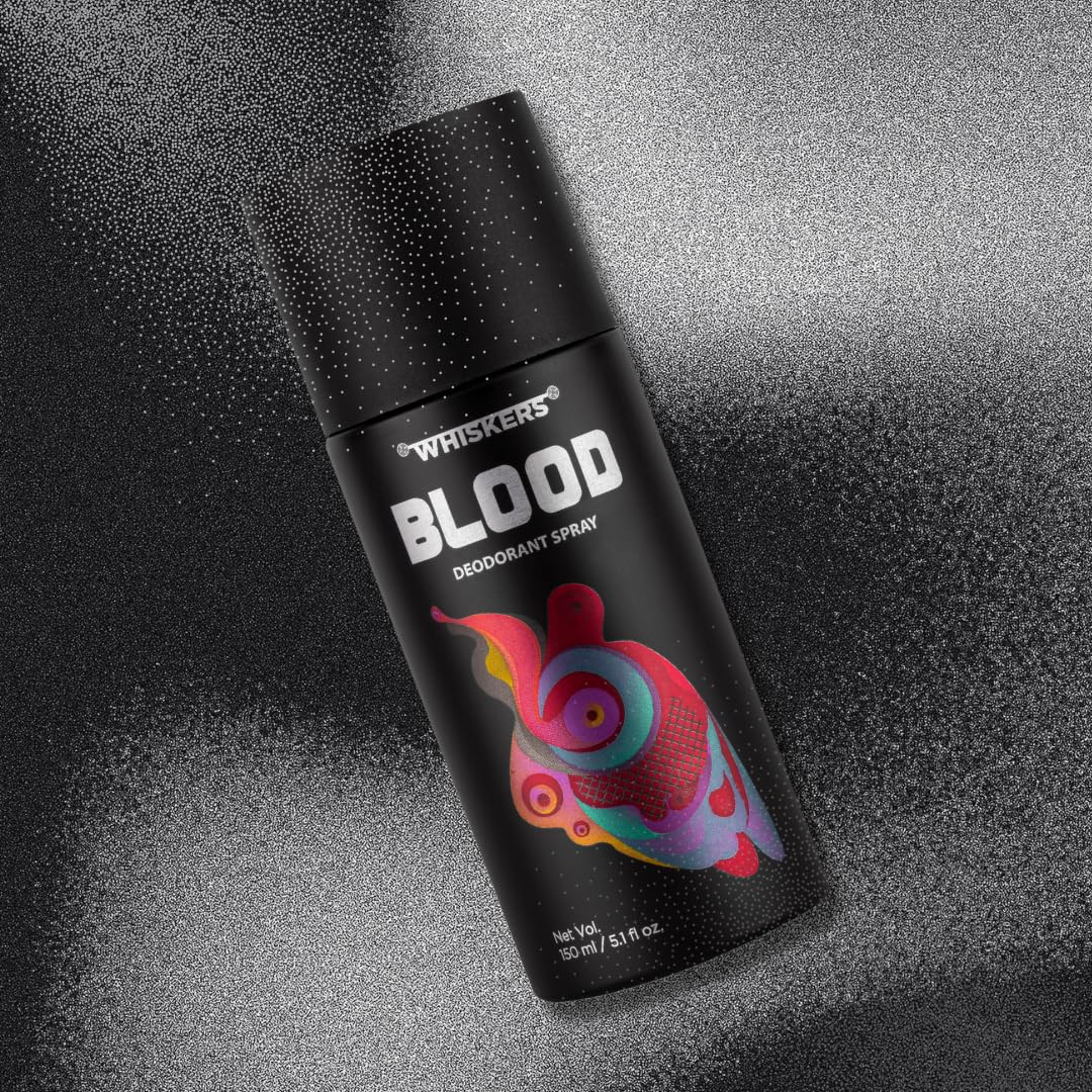 Whiskers Blood Body Deodorant Spray for Men & Women - Long Lasting Perfumed Deodorant with Black Currant, Jasmine & Musk Scent | 150ml | Fresh All Day | Gym, Office & Outdoor Activities