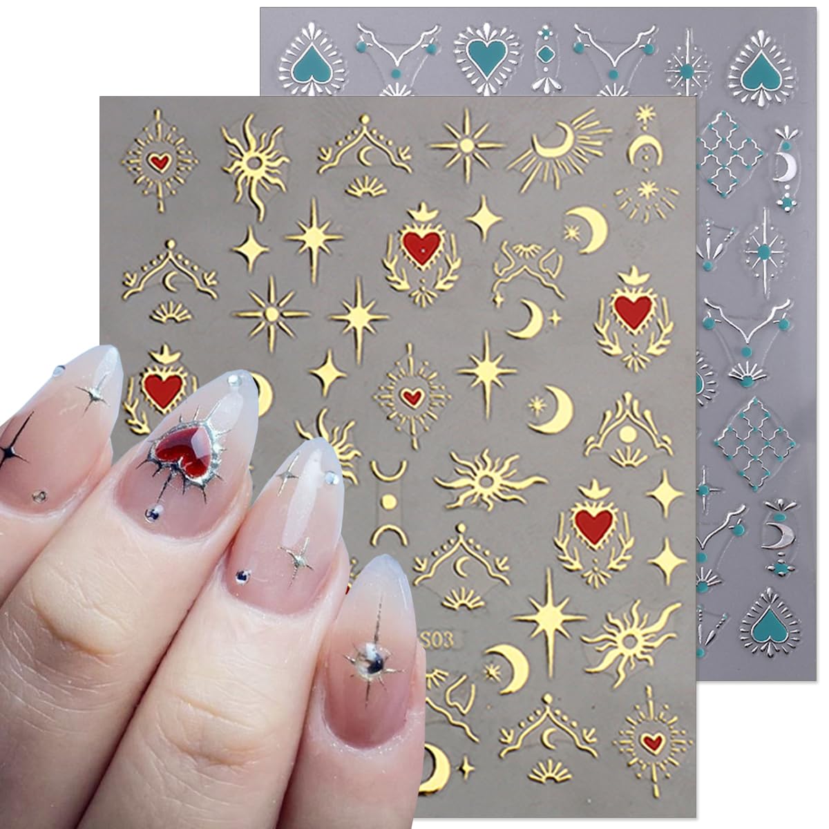 8 Sheets Sun Moon Star Nail Stickers - Silver Gold Heart 3D Self-Adhesive Nail Art Decals for DIY Manicure, Blue Green Red Stars Nail Design Stickers for Women & Girls - Perfect for Parties, Holidays & Nail Salon Decoration