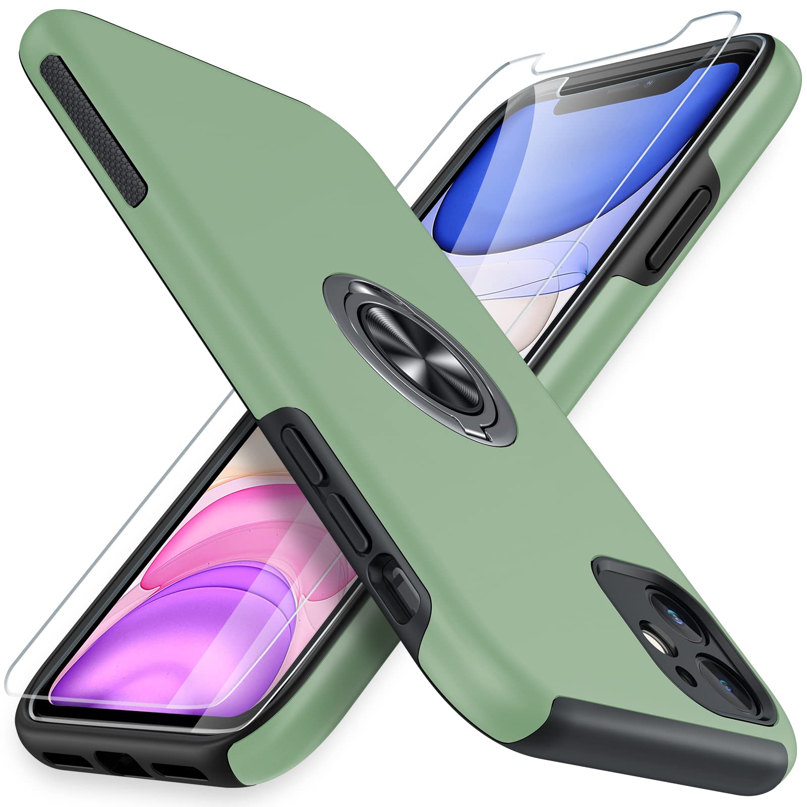 JAME iPhone 11 Case [2 Pack] with Tempered Glass Screen Protector - Slim Soft Bumper Phone Cover with Invisible Ring Holder Kickstand (Alpine Green) | Perfect for Daily Protection, Work & Outdoor Activities