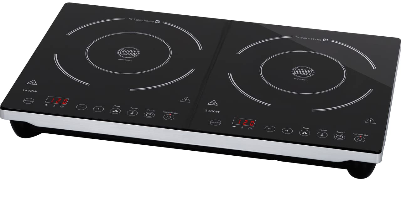 Tarrington House DIC3440ABS 3400W Double Induction Cooktop - Stainless Steel & Glass Ceramic Surface with Dual Control Panels, 240°C Max Temp, Auto Pan Detection, LED Display & Timer - Perfect for Home Kitchen, Restaurant & Outdoor Cooking