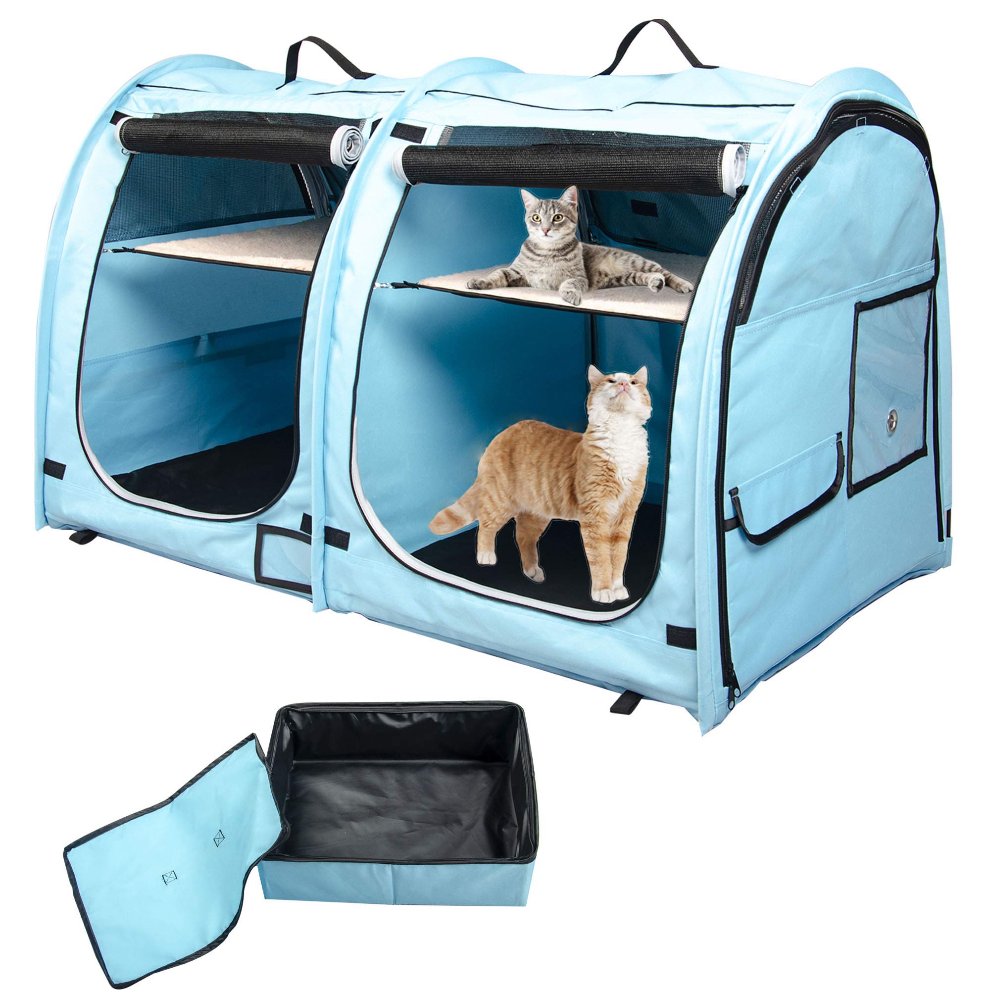 Mispace Portable Twin Compartment Cat Cage & Dog Kennel - Foldable Pet Carrier with Carry Bag, 2 Hammocks, Mats & Litter Box - Ideal for Travel, Home & Vet Visits - Comfortable Puppy Crate for Small Dogs & Cats