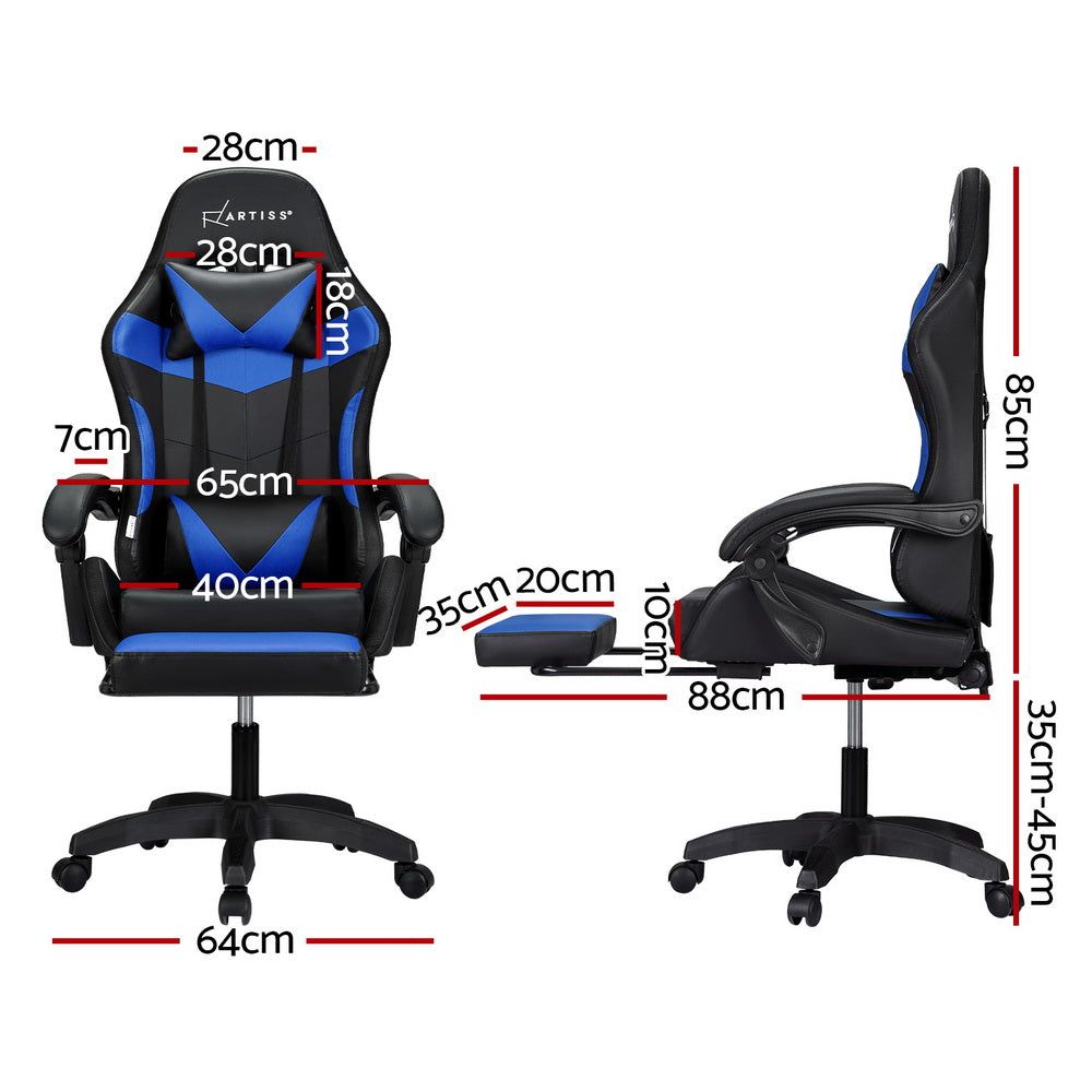 Artiss 6-Point Massage Gaming & Office Chair with LED Footrest - Blue - Perfect for Home Office, Gaming Setup & Relaxation