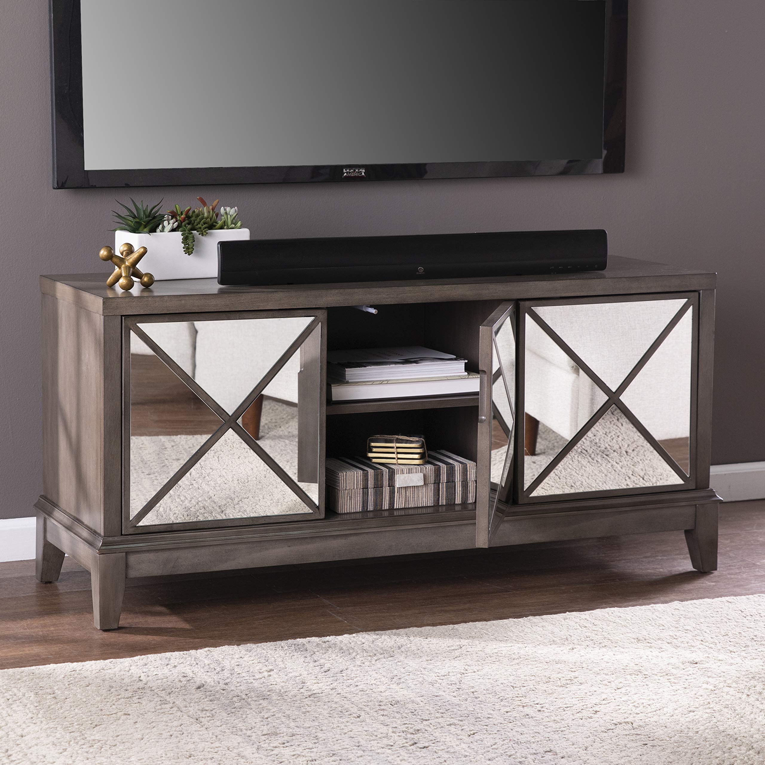 SEI Furniture Wallaston Mirrored Media Cabinet - Light Brown TV Stand with Mirror for Living Room, Bedroom & Home Theater Storage