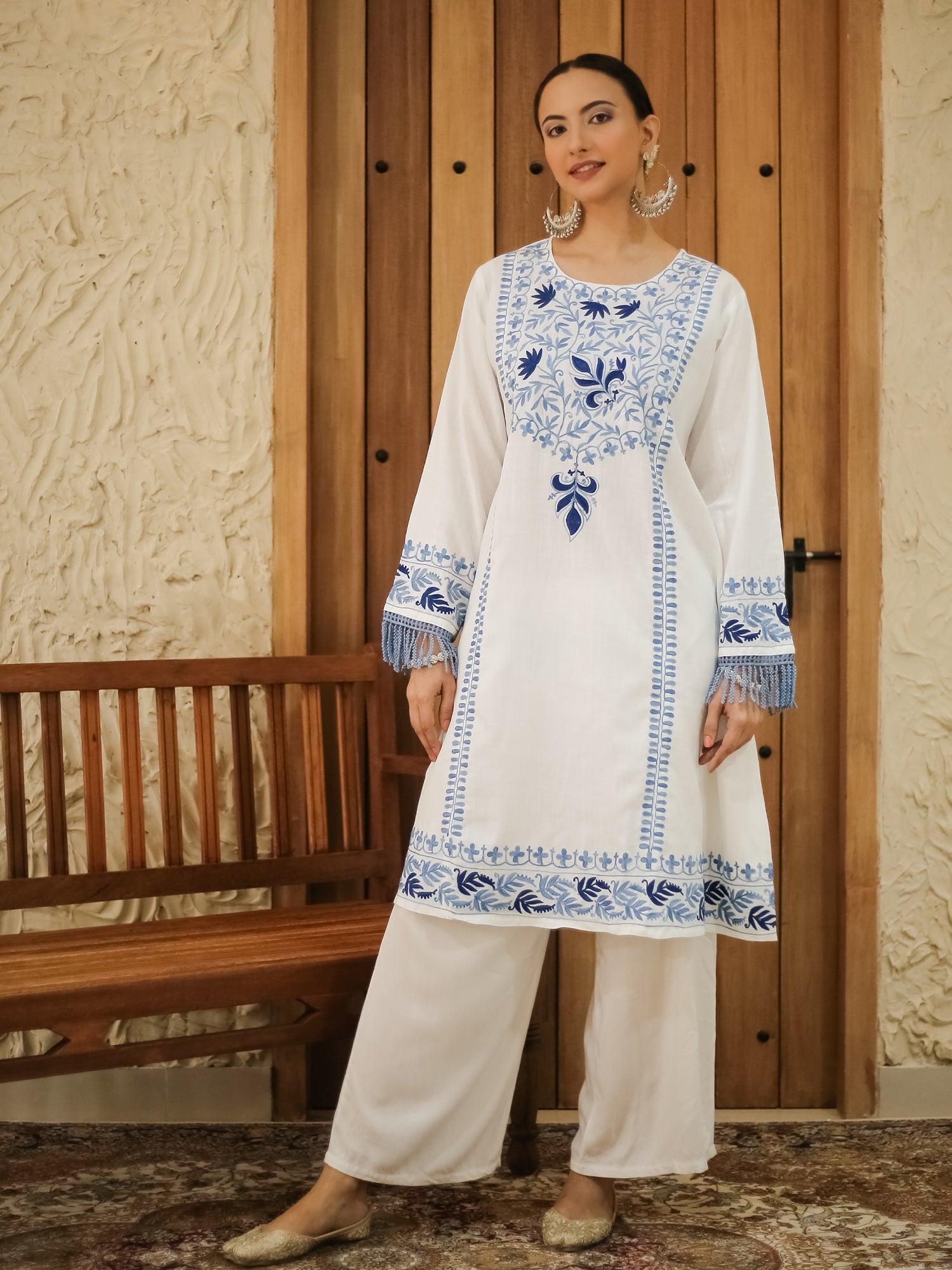 Falak Kashmiri Long Kurta for Women - Elegant White Embroidered Traditional Dress - Perfect for Festivals, Weddings & Special Occasions