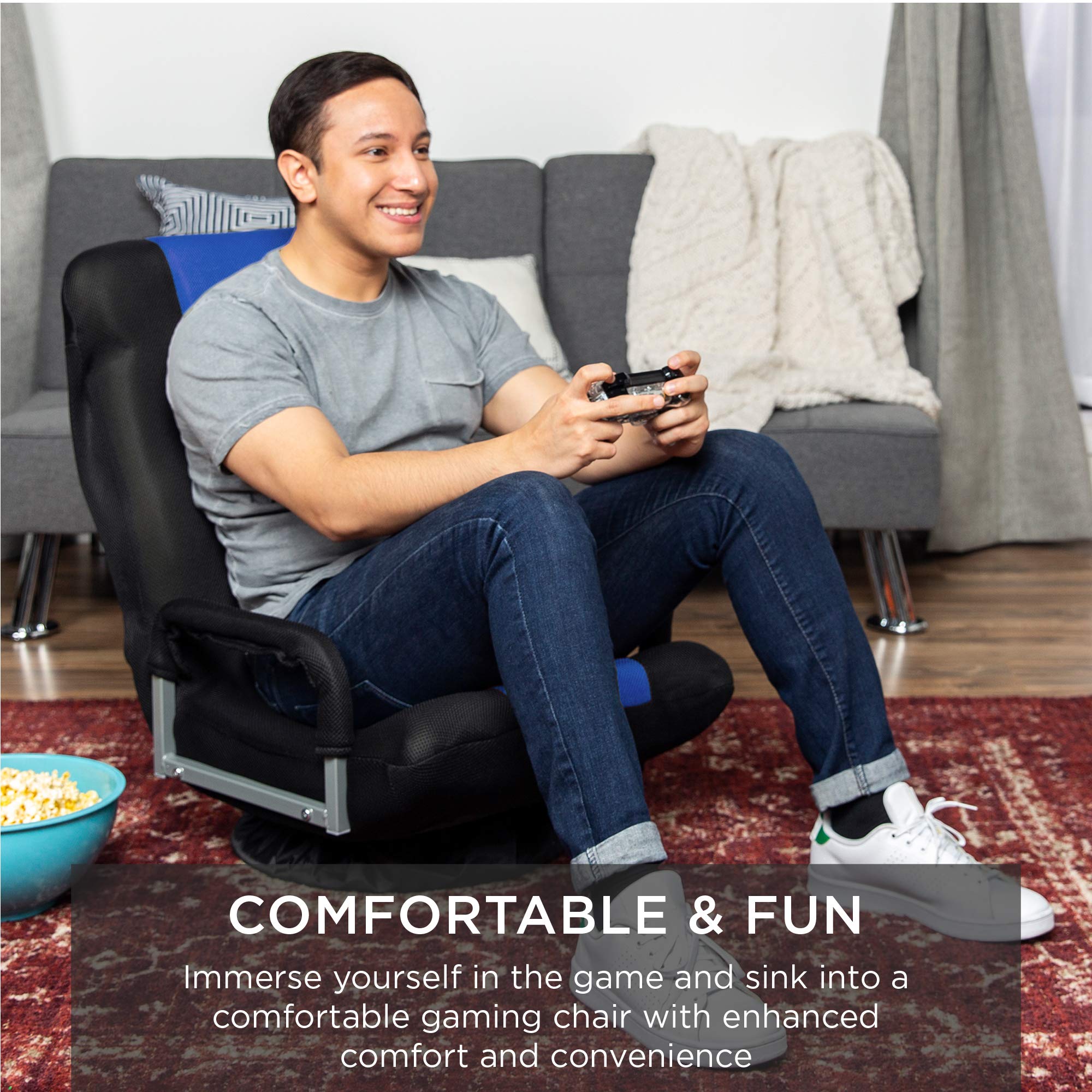 Best Choice Products 360 Degree Swivel Gaming Chair with Lumbar Support - Adjustable Foldable Backrest & Armrest Handles - Multipurpose Floor Rocker for TV Watching, Video Gaming, Reading - Black/Blue - Perfect for Home Office, Game Room & Relaxation