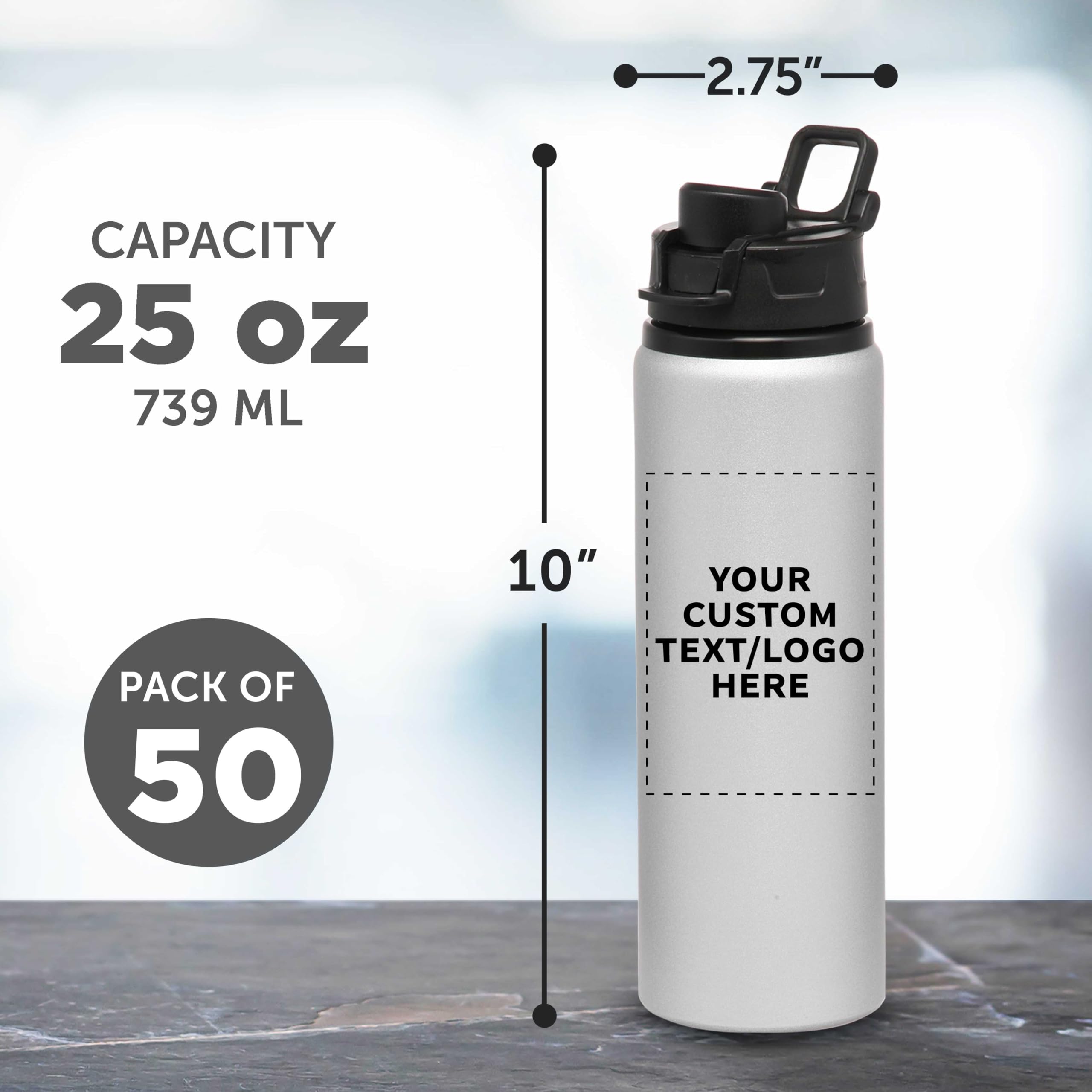 Custom 25oz Aluminum Water Bottles with Snap Lids - Bulk Pack of 50 Personalized Reusable Drinkware - Ideal for Gym, Hiking, Cycling & School - Silver - Perfect for Corporate Gifts, Team Events & Eco-Friendly Promotions