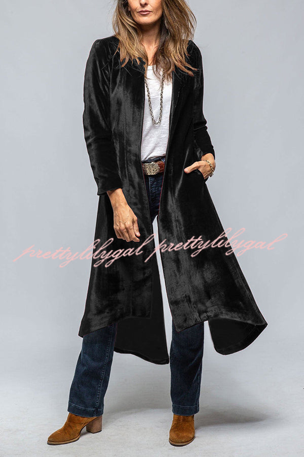 Vintage Velvet Long Loose Pocket Slit Coat - Women's Elegant Trench Coat with Pockets for Fall Winter Fashion, Perfect for Office, Date Night and Special Occasions