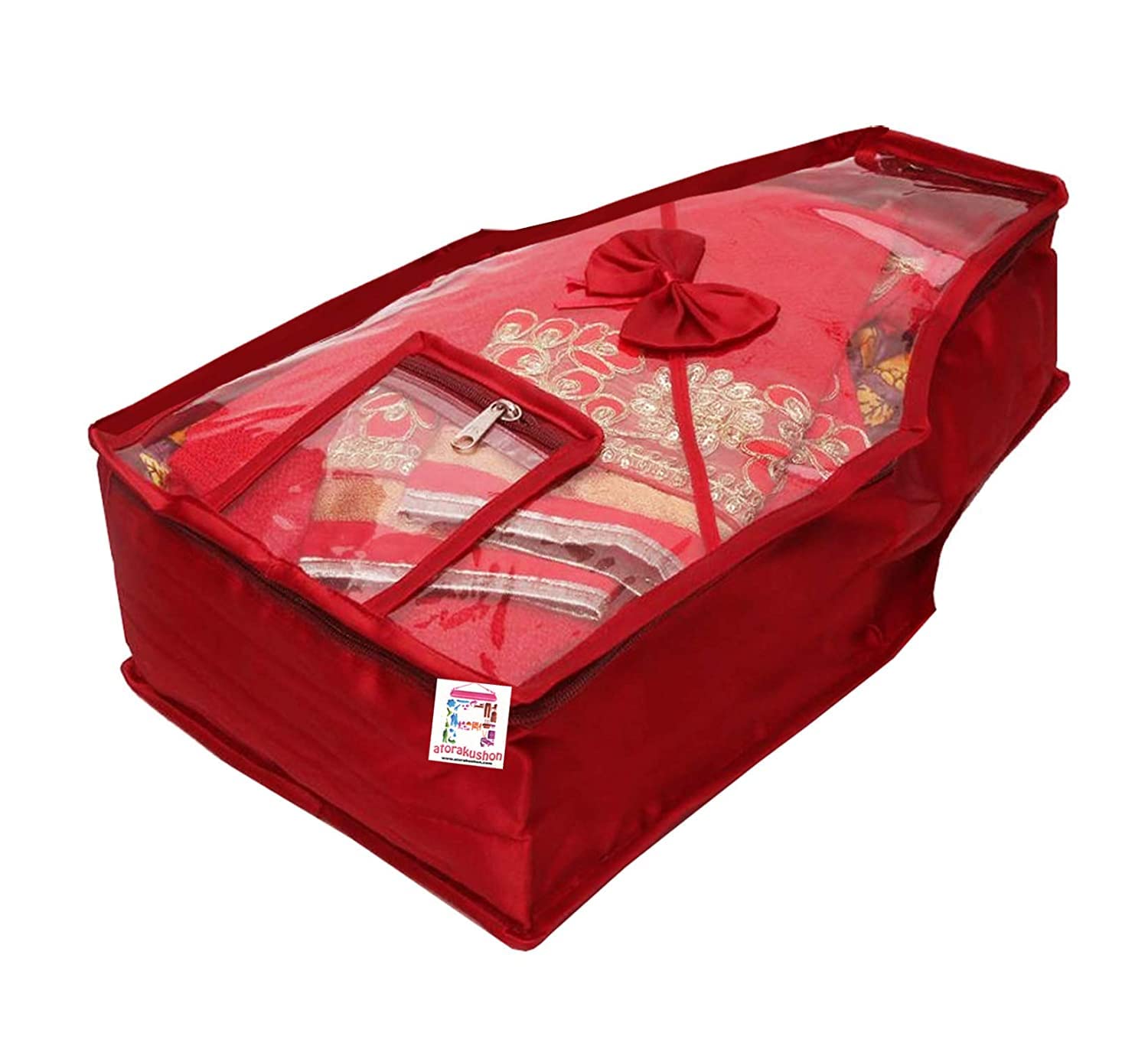 Premium Satin Saree & Blouse Storage Bags - 5-Pack with Double Zipper & Clear Window - Wardrobe Organizer for Indian Ethnic Wear - Perfect for Travel, Wedding, and Festival Outfit Protection (Maroon)