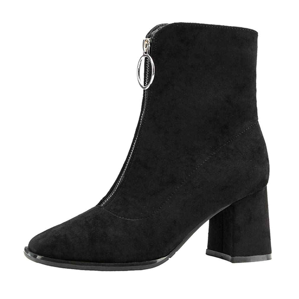 CYBLING Women's Front Zipper Ankle Boots - Mid Block Heel, Square Toe, Faux Suede Winter Boots with Warm Fur Lining | Perfect for Cold Weather, Office Wear & Casual Outfits