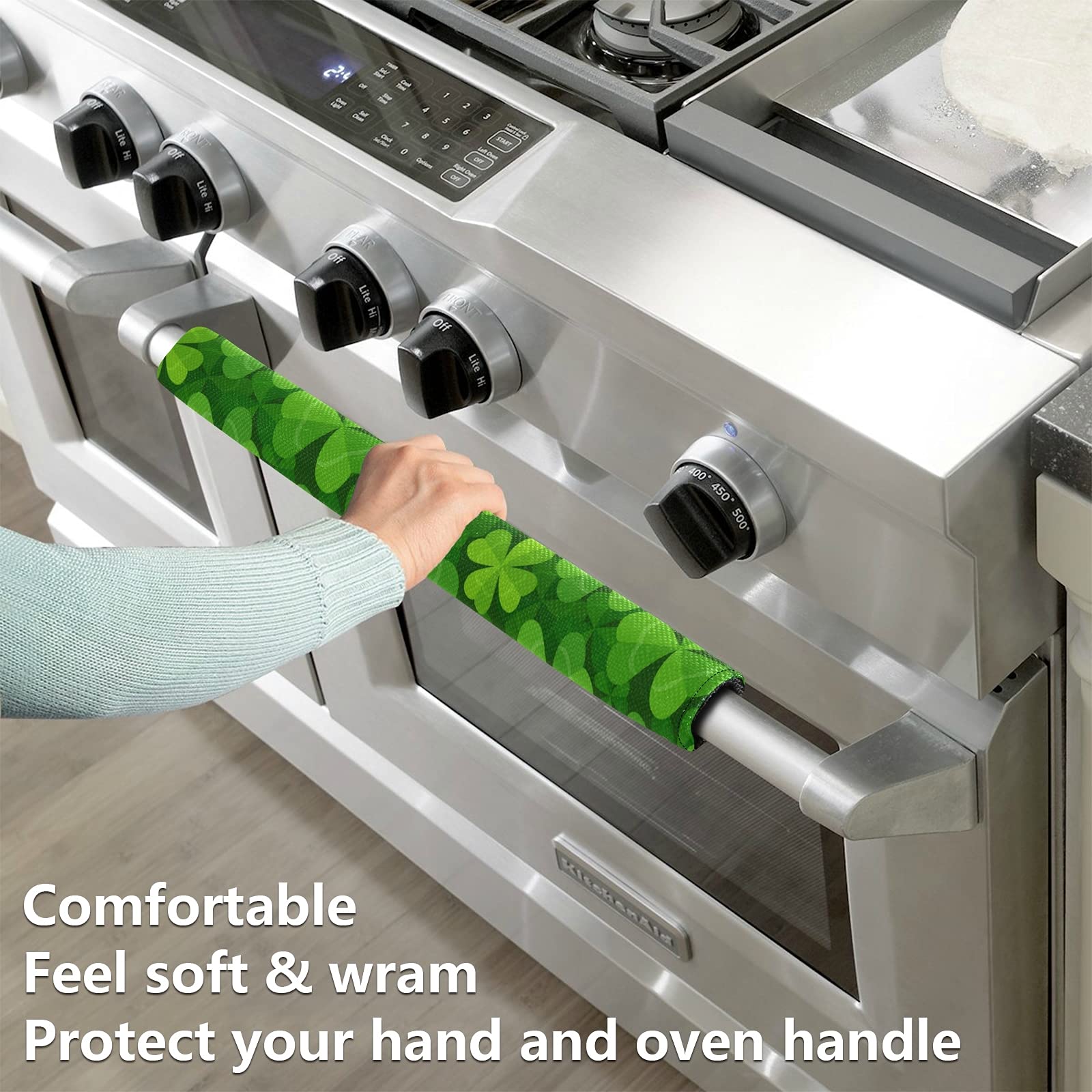 St. Patrick's Day Clover Refrigerator Handle Covers - Set of 2 Shamrock Green Leaf Kitchen Appliance Decor for Fridge, Oven & Dishwasher - Perfect for Irish-Themed Parties & Home Decor