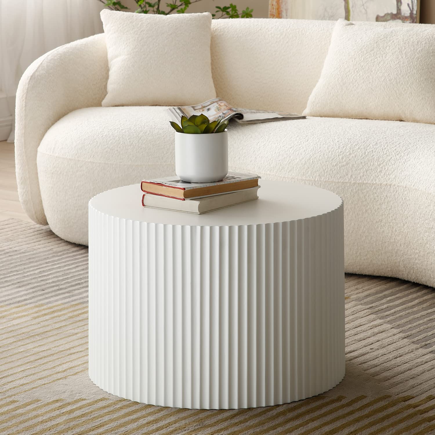Kevinplus White Round Nesting Coffee Table Set of 2 - Modern Drum Side & End Tables for Living Room - Wood Circle Embossed Design - Contemporary Matte White Coffee Table Set - Perfect for Small Spaces, Apartments & Cozy Living Rooms