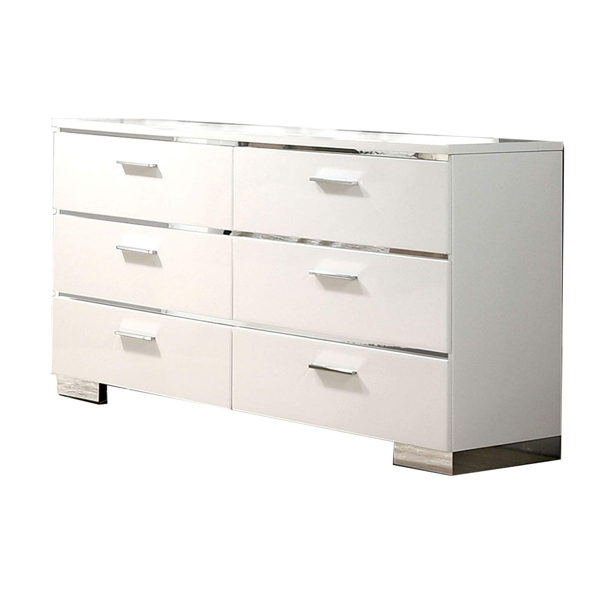 Benjara 6-Drawer Wood and Metal Dresser with Block Legs in White & Silver - Perfect for Bedroom Storage, Closet Organization & Home Decor