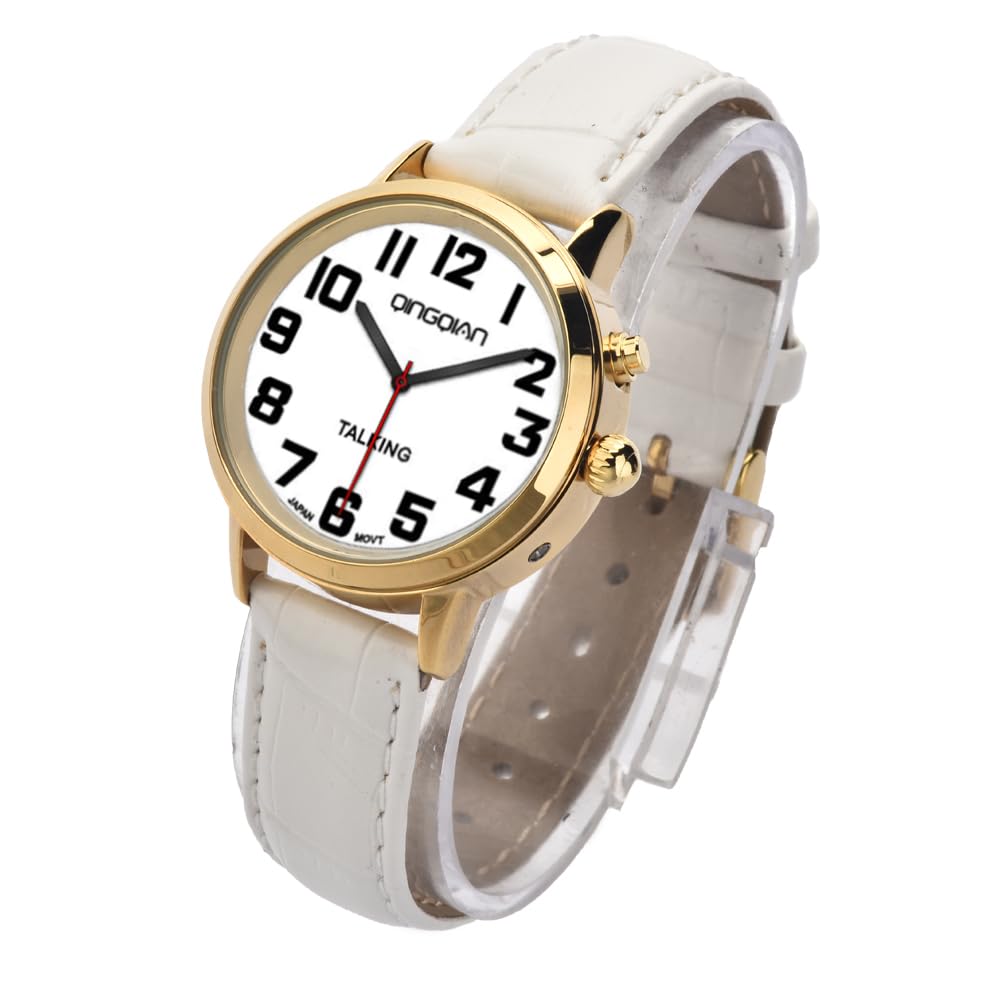 Talking Watch for Elderly & Visually Impaired - Women's Style with White Band | Easy-to-Use Voice Announcing Watch for Seniors & Low Vision Users - Perfect for Daily Time Telling, Medication Reminders & Independent Living