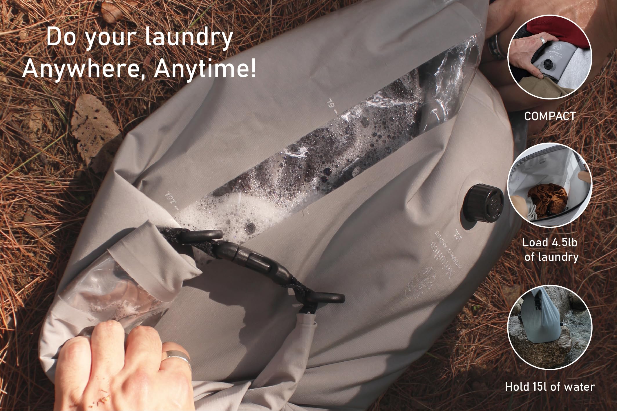 Portable Washing Machine Bag - 15L Waterproof Dry Bag for Travel & Camping - Compact Manual Clothes Washer - Lightweight Nylon Laundry Bag (Gray) - Perfect for Outdoor Adventures, RV Trips & Emergency Use