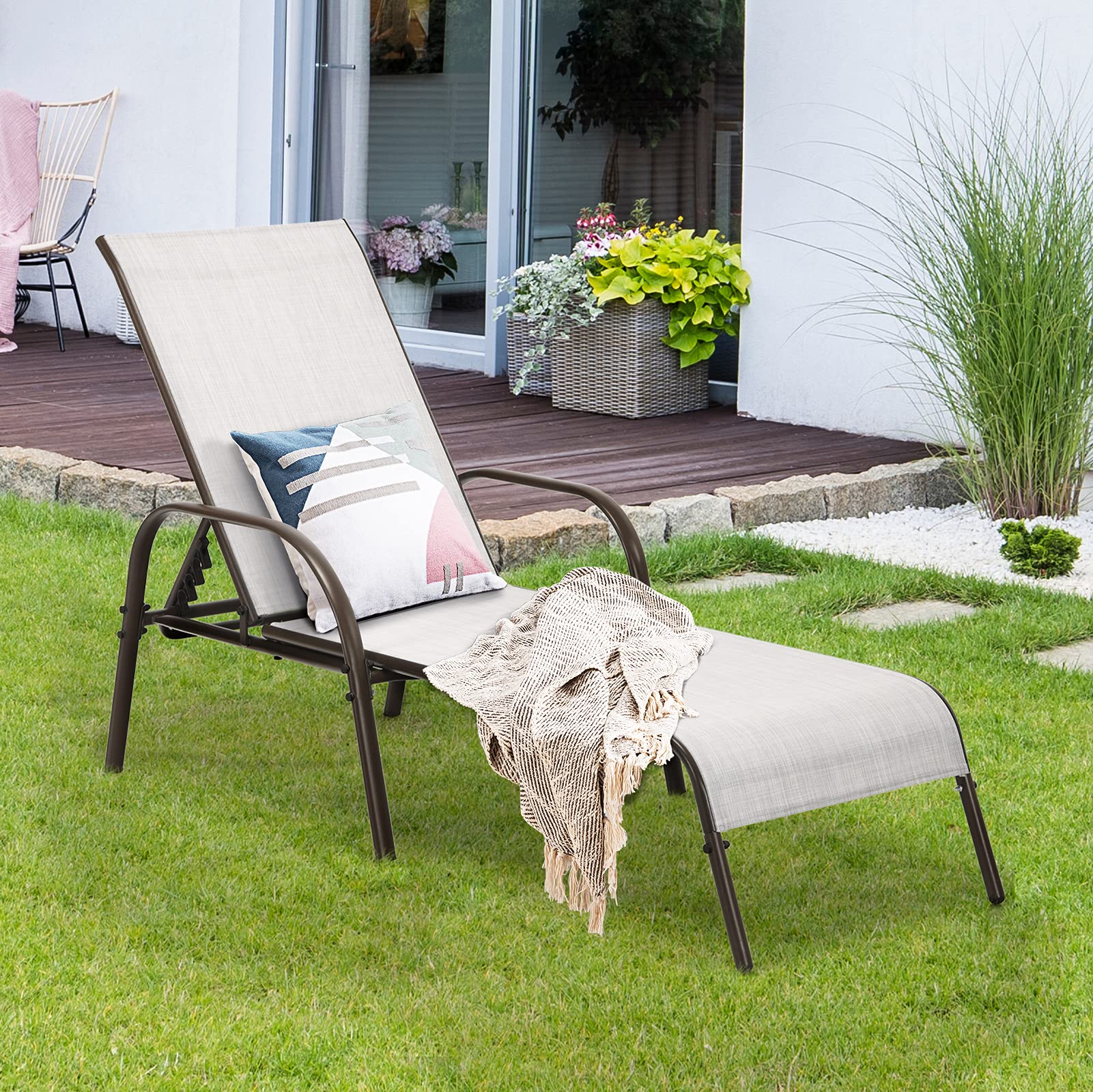 Tangkula Adjustable Reclining Outdoor Lounge Chair - Heavy Duty Steel Frame Patio Chaise for Poolside, Beach, Yard & Balcony | Perfect for Sunbathing, Relaxing & Lounging by the Pool or Garden