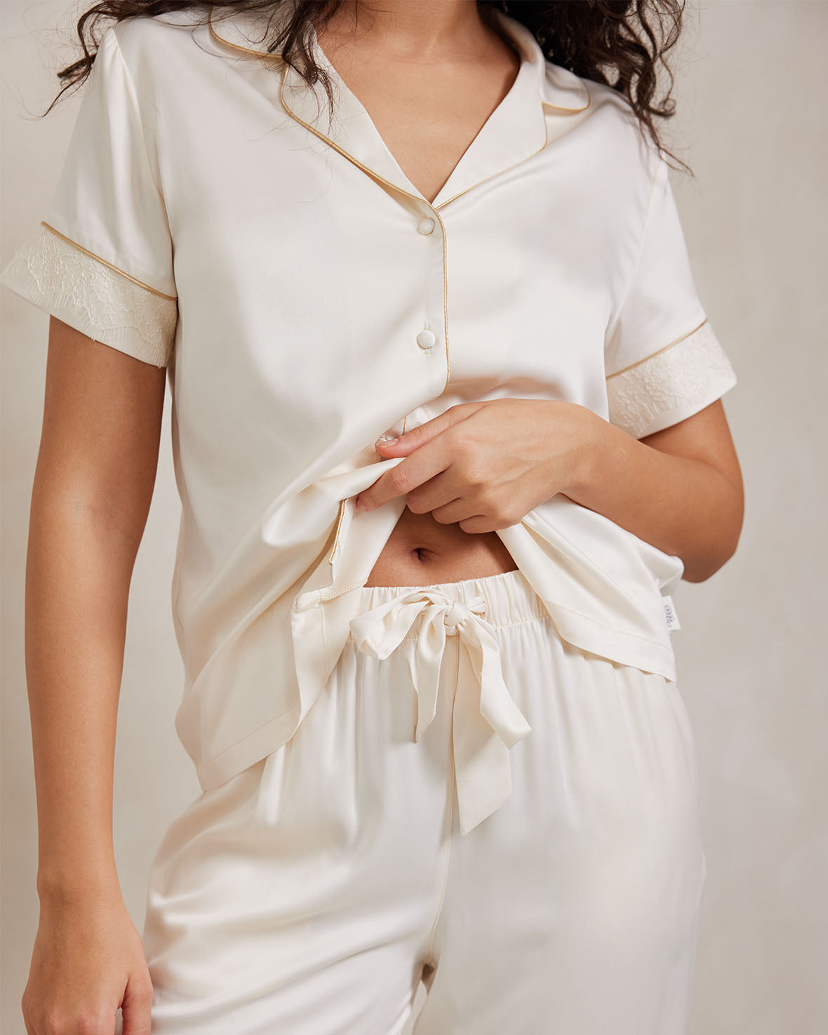 Satin Lace Trim Short Sleeve Long Pajama Set for Women - Ivory - Soft Comfortable Sleepwear for Nightwear, Lounge Wear & Relaxation at Home