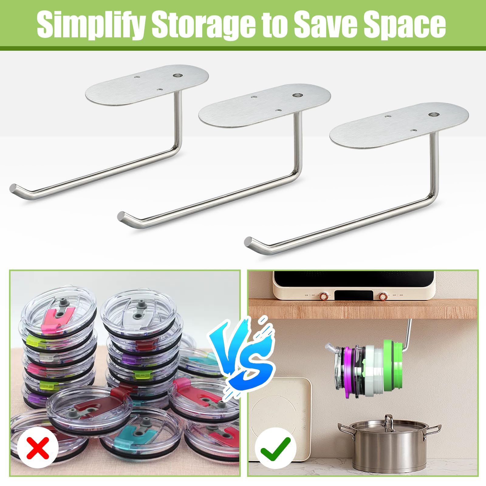 3 Pack Tumbler Lid Organizer - Cup Lid Holder for Stanley & Yeti Tumblers - Self-Adhesive or Drill-Mount Cabinet Hook - Space Saving Kitchen Storage for Cup Lids - Perfect for Pantry, Office & RV Organization