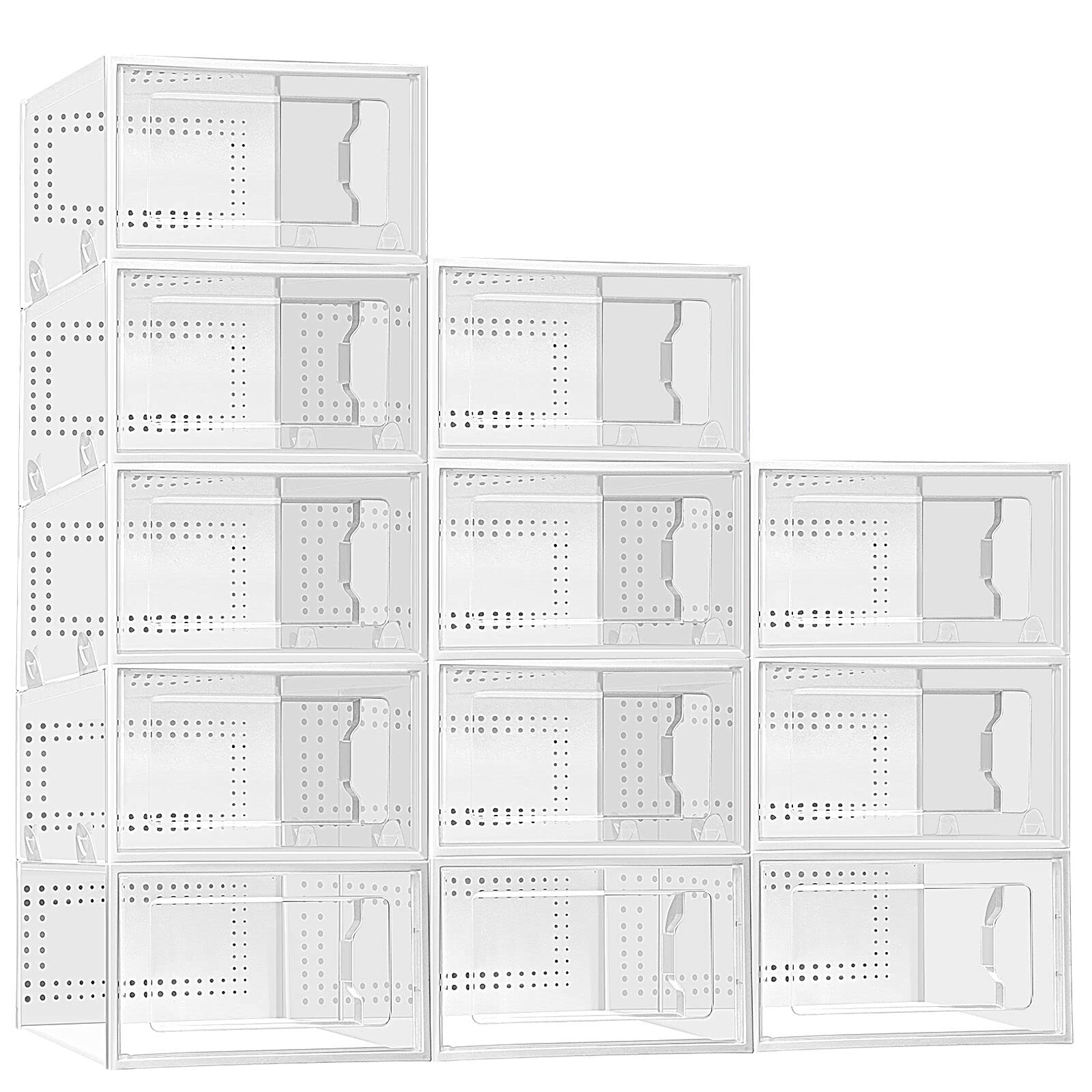 Clear Plastic Shoe Organizer Boxes - 12 Pack Stackable Shoe Storage Containers for Closet Organization | Durable Shoe Boxes for Men & Women (Medium Size) | Perfect for Bedroom, Closet, and Entryway Storage Solutions