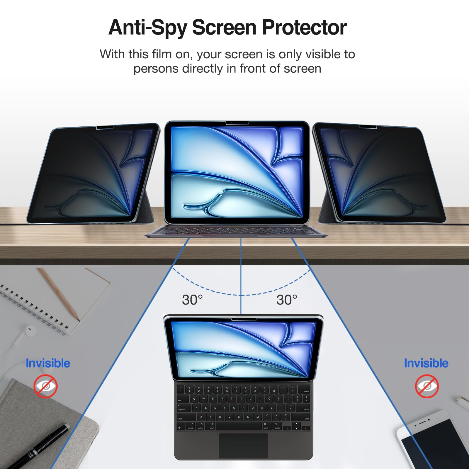 ProCase Privacy Screen Protector for iPad Air 11 inch (7th Gen M3 2025 & 6th Gen M2 2024) - Anti-Spy Tempered Glass Film - Perfect for Office, Travel & Secure Browsing