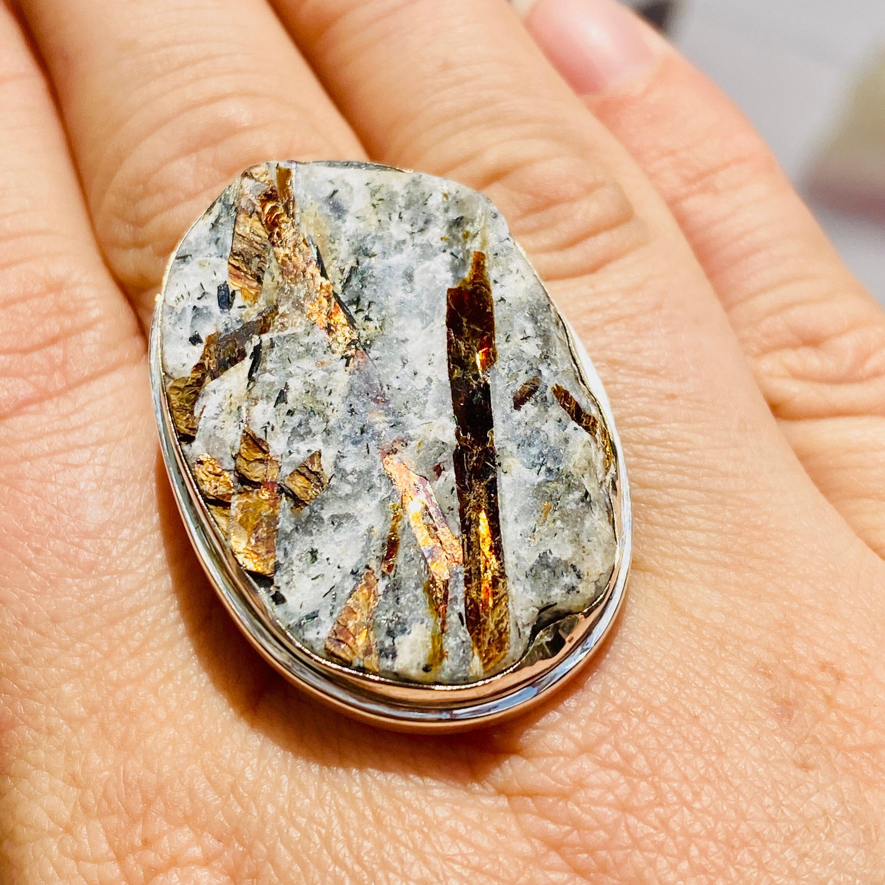 Golden Astrophyllite Oval Ring with Split Band - Size 10 - KRGJ1480 - Elegant Jewelry for Women, Perfect for Weddings, Parties & Gifts